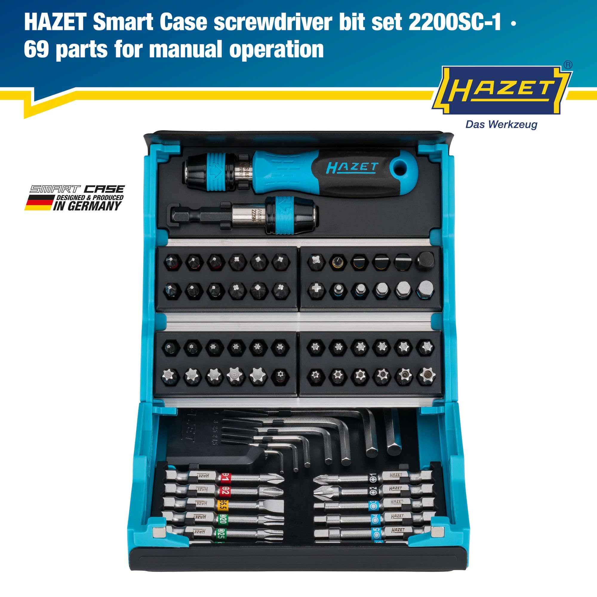 HAZET SmartCase 2200SC-1 I 69-częściowy zestaw bitów narzędziowych, napęd: sześciokąt 6,3 mm (1/4 cala), do obsługi ręcznej I mobilna walizka narzędziowa WYPRODUKOWANO W NIEMCZECH