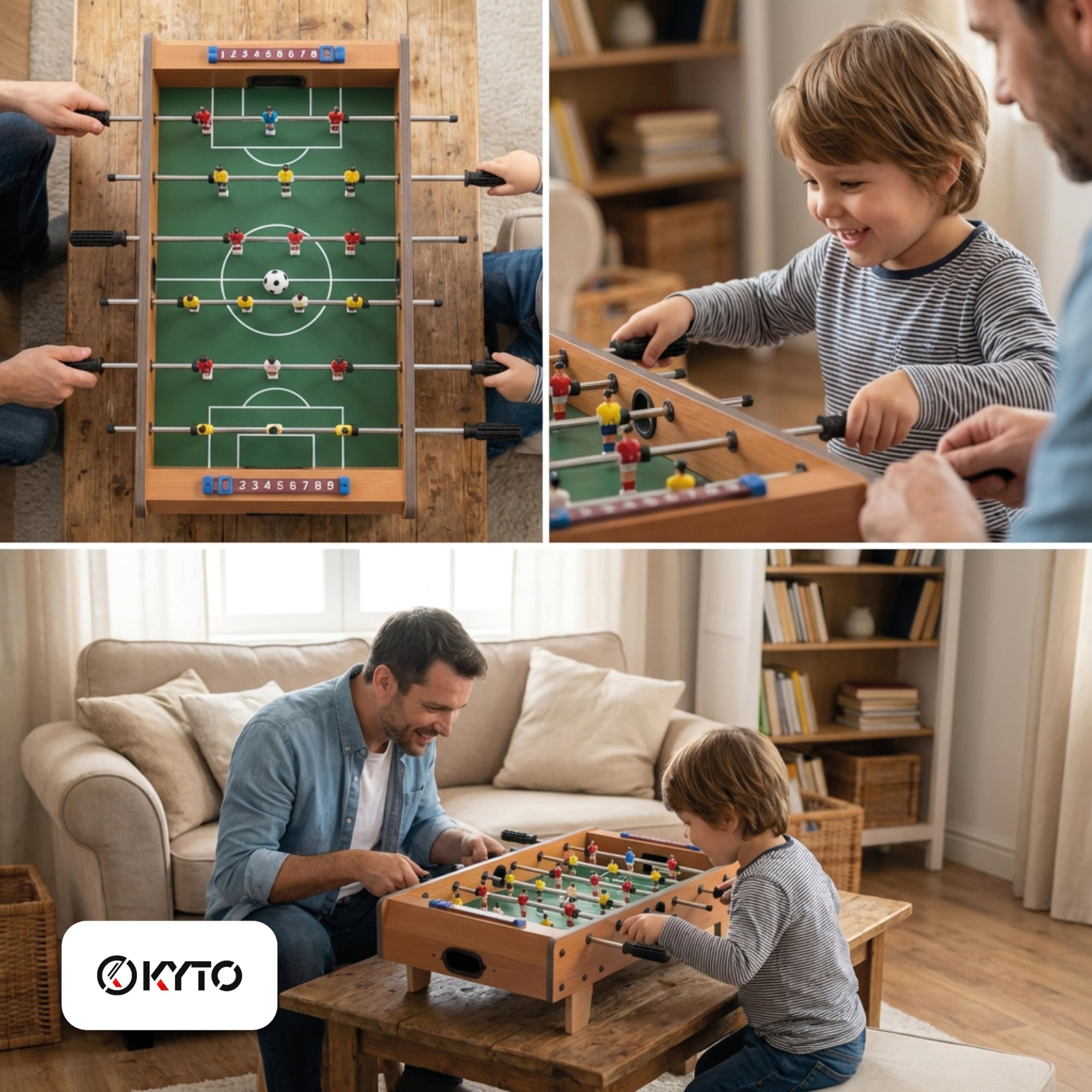 Kyto Kickertisch Kinder und Erwachsene, Tischfussball & Mini Tischkicker, 70x35x20cm oder 51x31x10 cm, aus Holz, Inkl. 2X Kicker Bälle