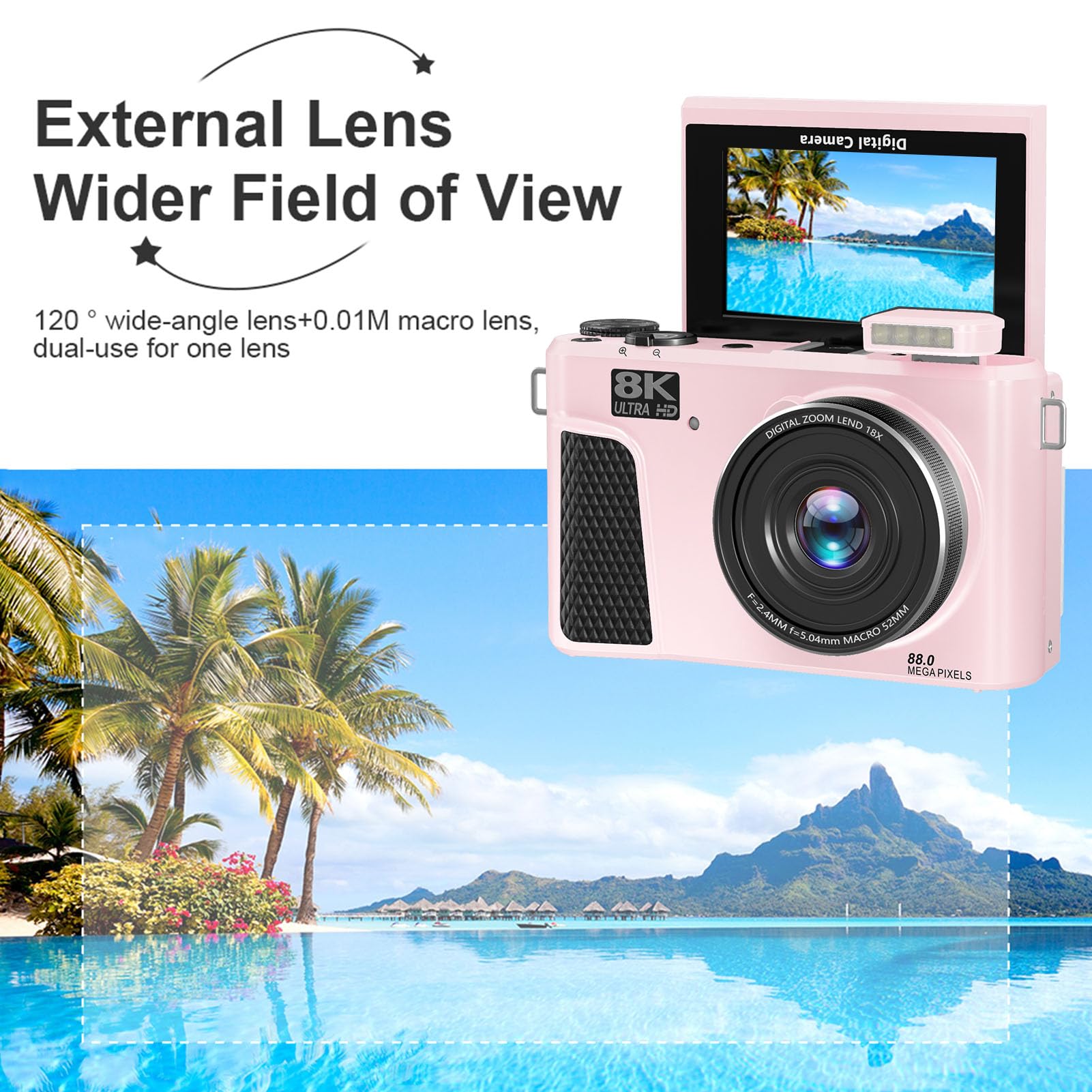 Dpofirs Camera Digitale 8k per Fotografia, Fotocamera Vlogging WiFi da 88 MP, Zoom Digitale 18x, con Schermo a Flip da 180 Gradi da 3 Pollici, con Tappo per Lenti, Videocamere, per (PINK)