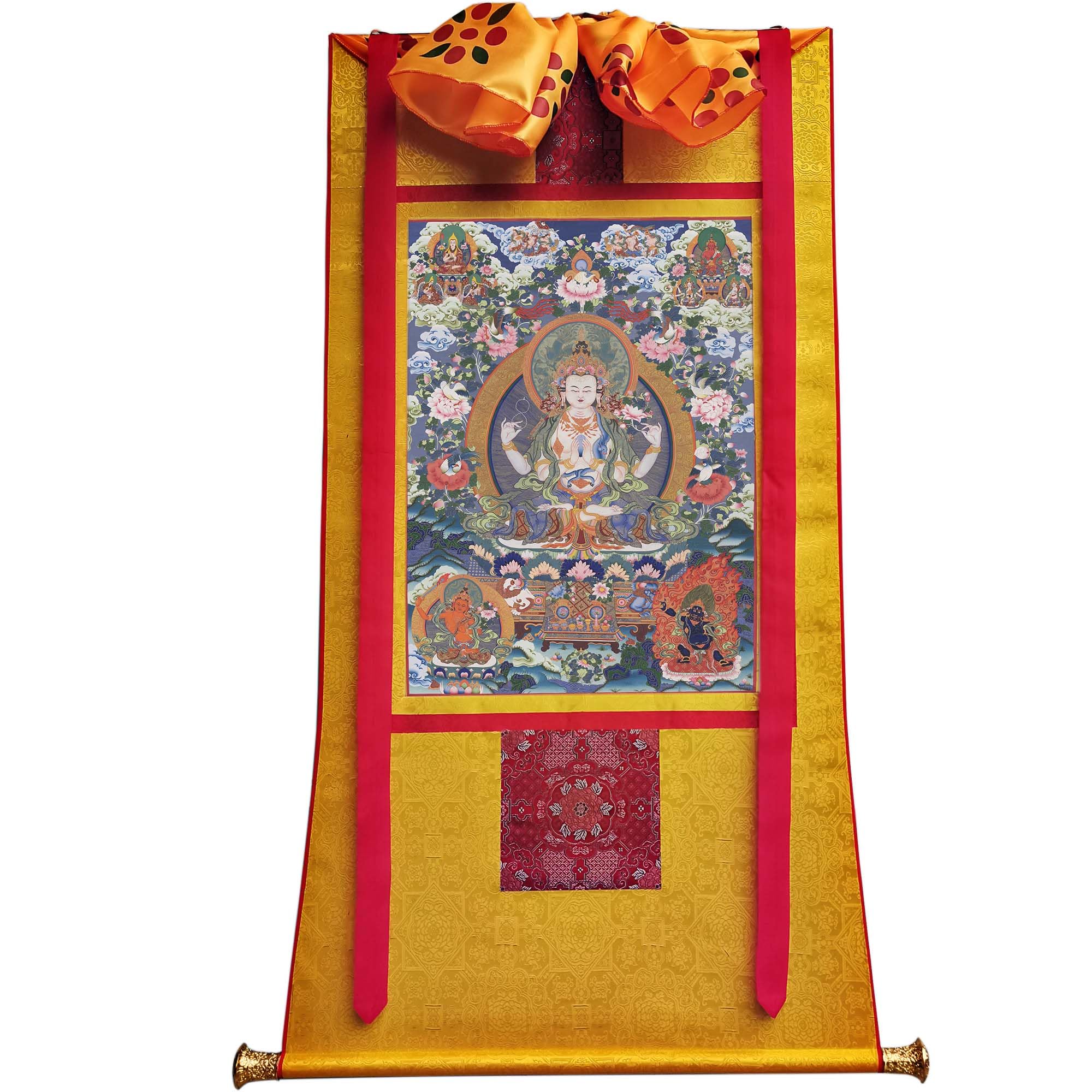 Gandhanra Tibetische Thangka-Kunst–Chenrezig - Vierarmiger Avalokiteshvara Thangka–Hochauflösender Digital-Giclée-Druck und doppelt handgerahmt - Buddhistische Wandbehang-Tapisserie - 47" x 32"