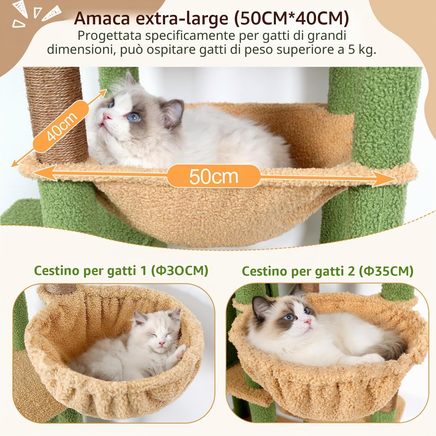 Globlazer Albero Tiragraffi per Gatti XXL 194 cm con 2 Grande Grotte, Immenso Amaca 50 * 40CM, Piattaforma Imbottiti, 2 Cestini, Trespoli, Enorme Cactus Tiragraffi per 3-5 Gatti Adulti (S76B, Verde)