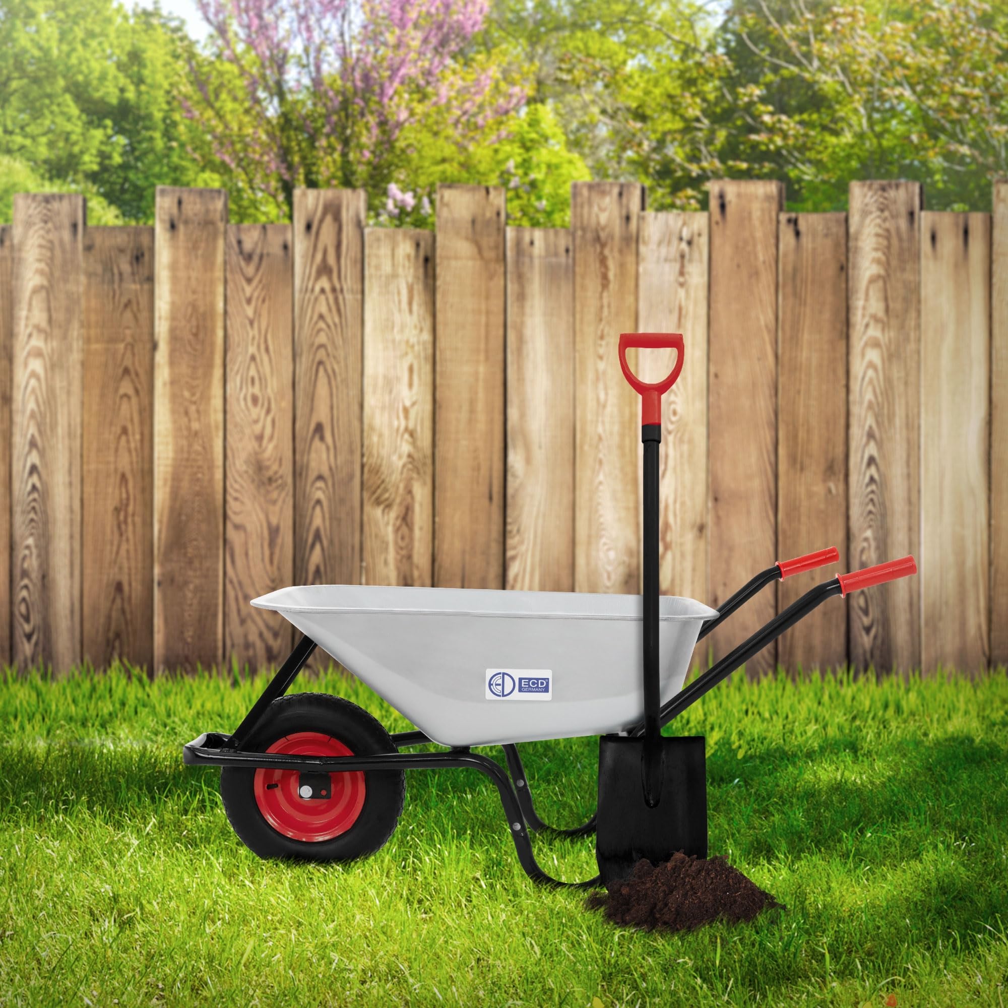 ECD Germany Carriola da Cantiere con Telaio in Metallo e Vasca in Acciaio Zincato Capacità 100 L 250 kg per Trasporto con Ruota in Gomma Pneumatico Diametro 40 cm 16" Manici Lunghi