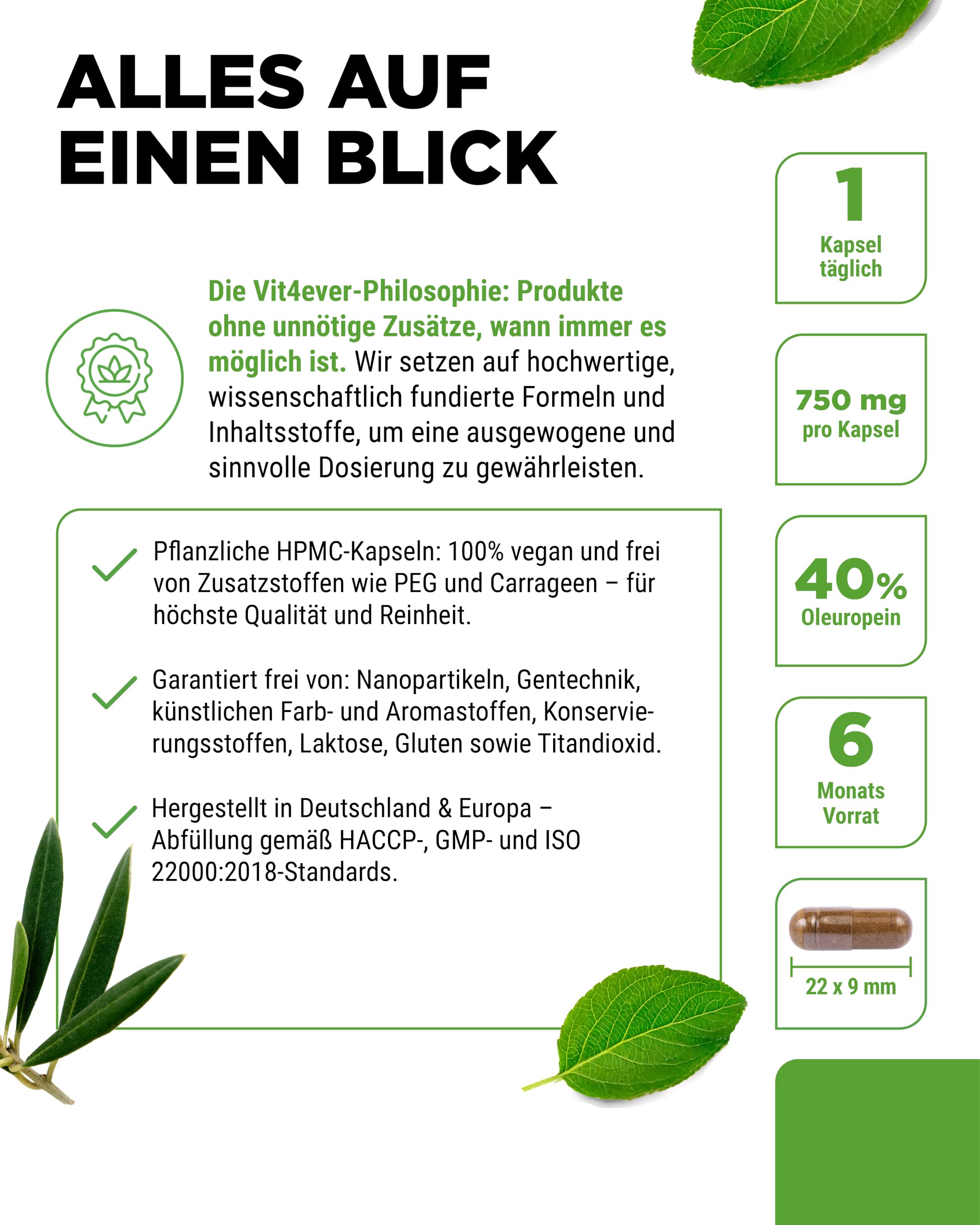 vit4ever Olivenblatt Extrakt - 180 Kapseln mit je 750 mg - 40% Oleuropein entspricht 300 mg - Hochdosiert - Vegan - Premium Qualität - ohne unnötige Zusätze