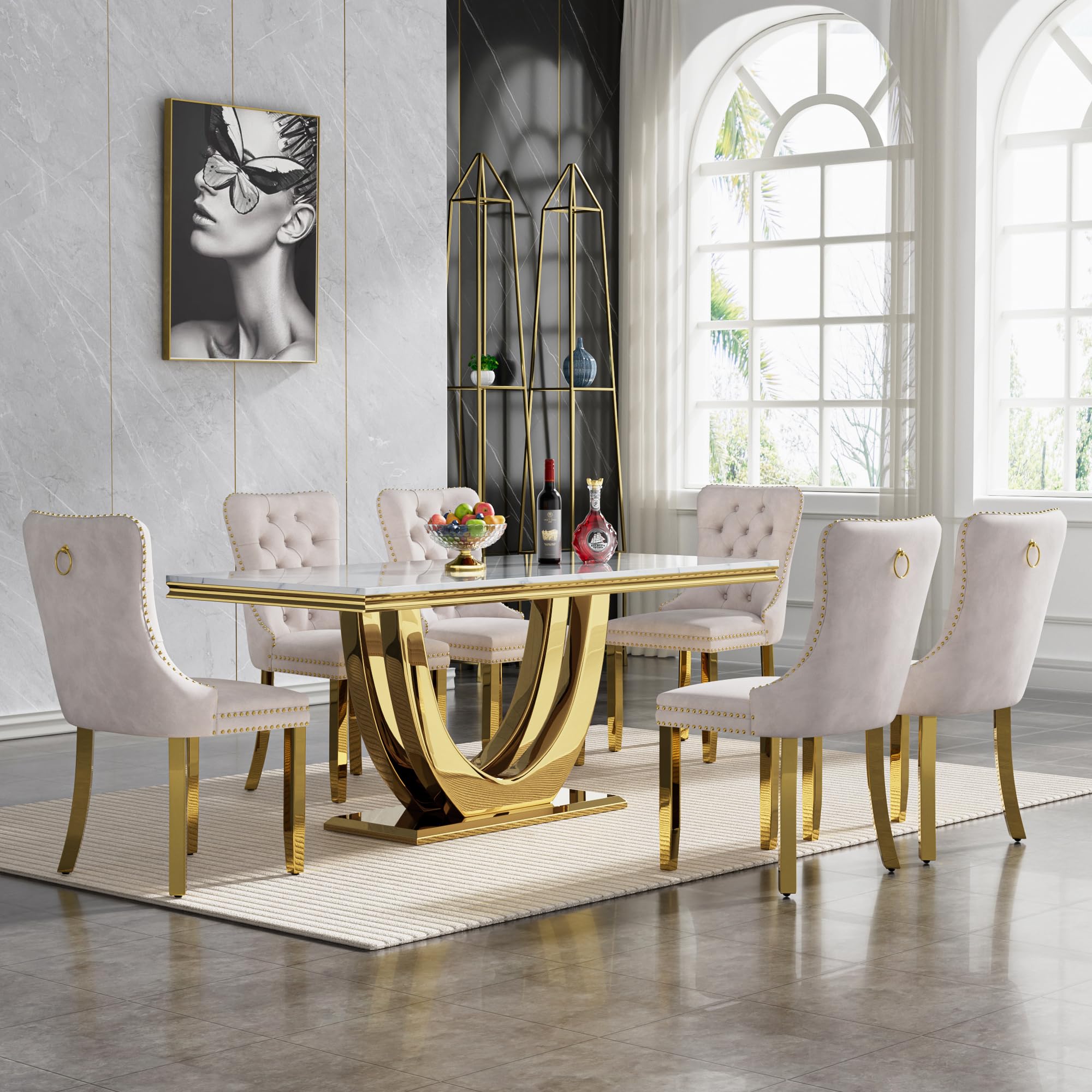 68" Marble Dining Table Set for 6, Luxury White Gold Kitchen Table with 6 Beige Velvet Dining Chairs Modern Fuax Marble 7-Piece Dining Room Table Set for 6 w/Stainless Steel Base