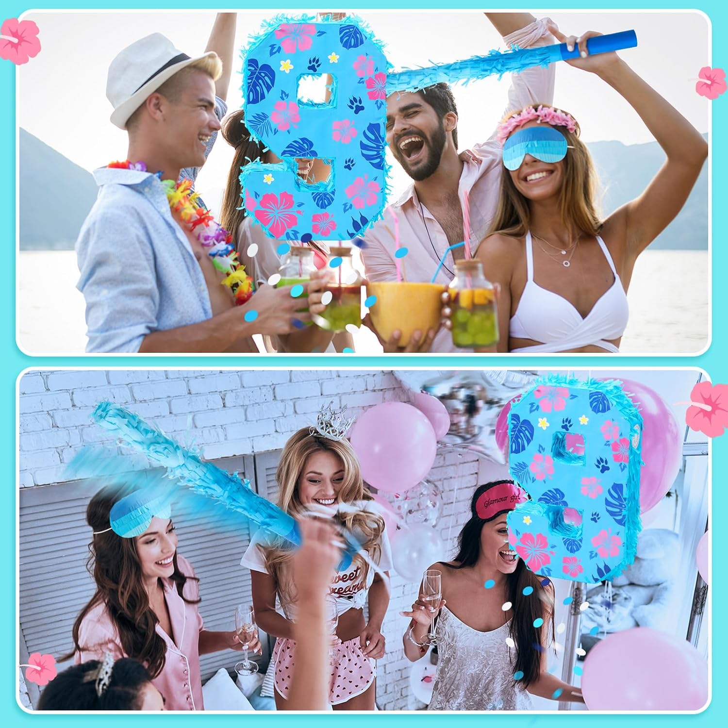 Hawaii Number 9 Piñata 16 Inch Blue Tropical Theme Piñata with Stick Blindfold Confetti for Birthday Party Supplies Decorations Anniversary Celebration
