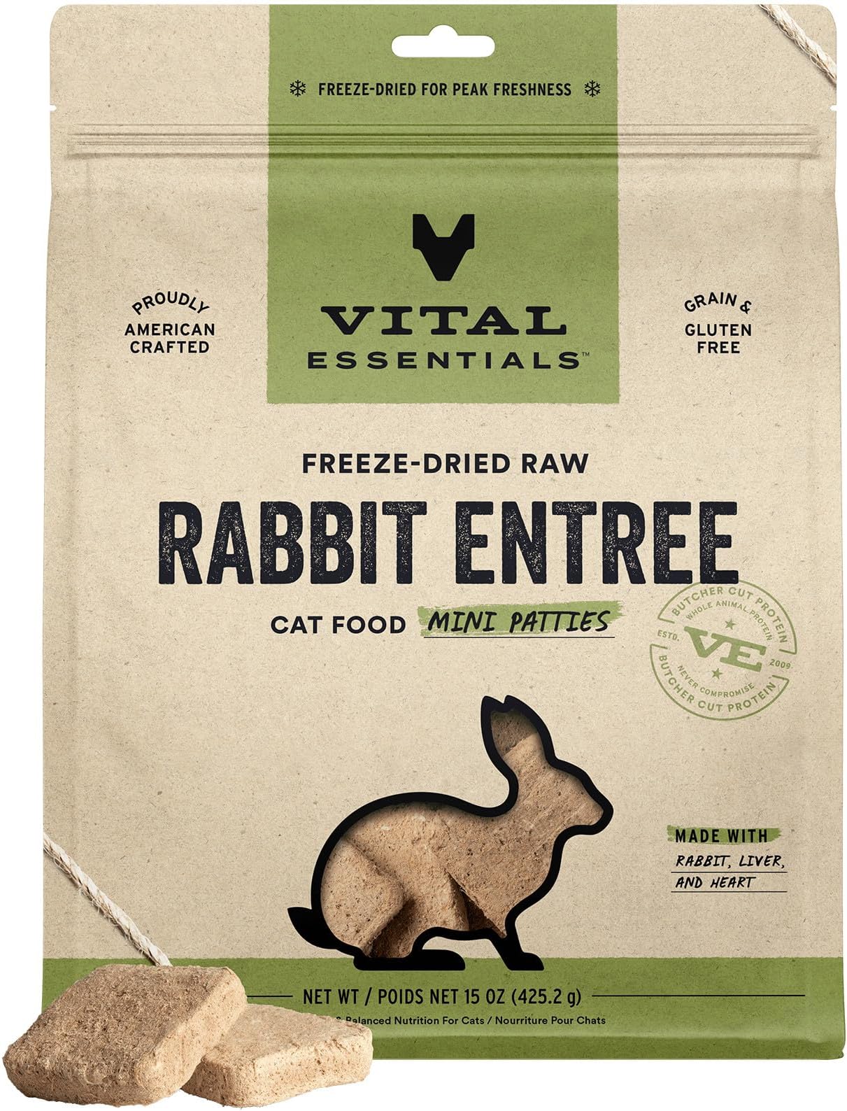 Vital Essentials Freeze Dried Cat Food, Raw Rabbit Mini Patties | Complete Meal or Topper | Easy to Portion and Rehydrate | High Protein, Grain Free Dry Cat Food | 15 oz Bag