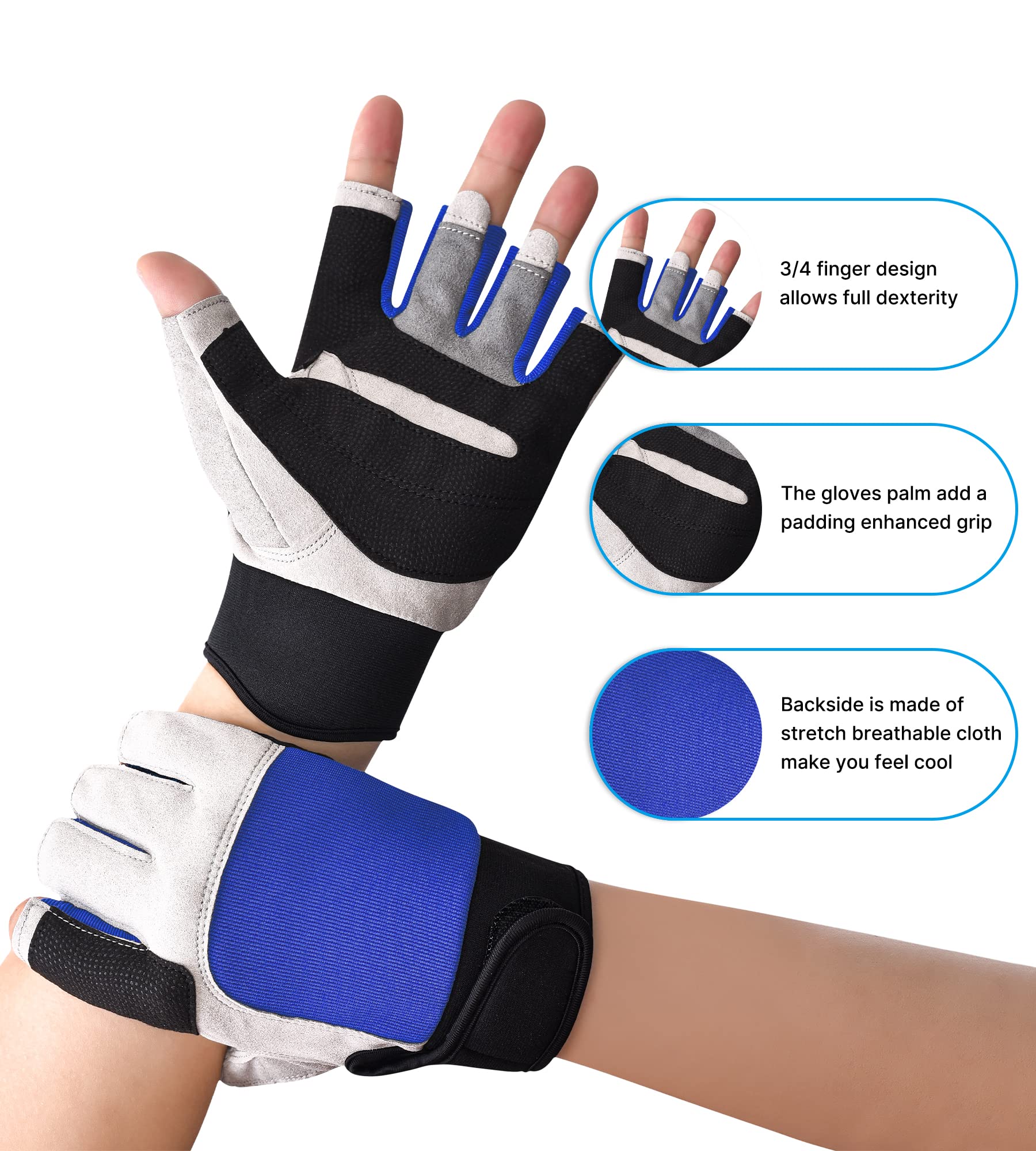 ChinFun Unisex Sailing Gloves Fingerless Great Grip for Water Sports, Sailing, Paddling, Canoeing, Kayaking Comfort Fit Fishing for Men and Women Black & Blue M