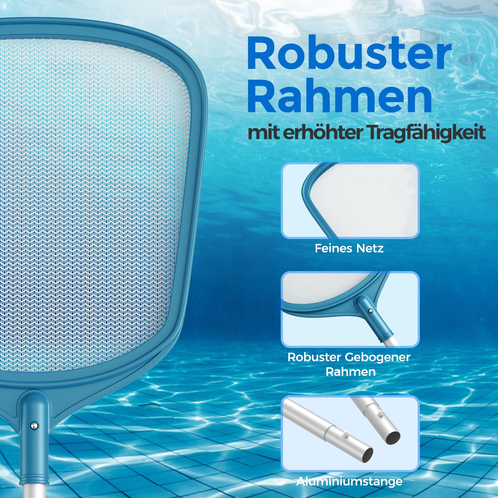 Movend Redes para Piscina, Redes para Skimmer para Piscinas, Malla Fina con Poste de Aluminio Estable de 1,15 m, Red de Aterrizaje en Superficie con Poste de 4 Piezas para Piscina, Algas y Estanques