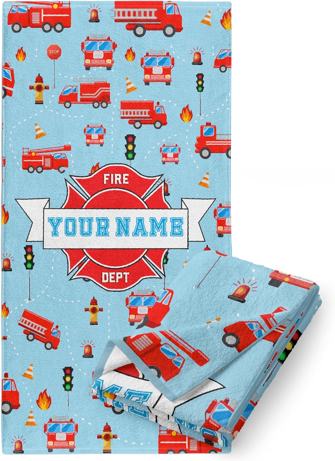 Personalized Firetruck Microfiber Beach Towel for Kids with Custom Name for Boys or Girls, Quick Dry Fabric for Pool, Travel, or Bath, Light Blue with Fire Fighter Trucks, 30” x 60”