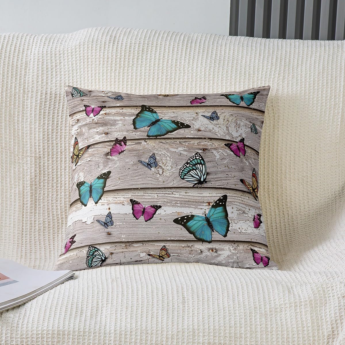 Federa Cuscino 45x45 Cm Con Farfalle Grigie E Fiori Rosa Viola Blu - ZFENGYYUAN - 5