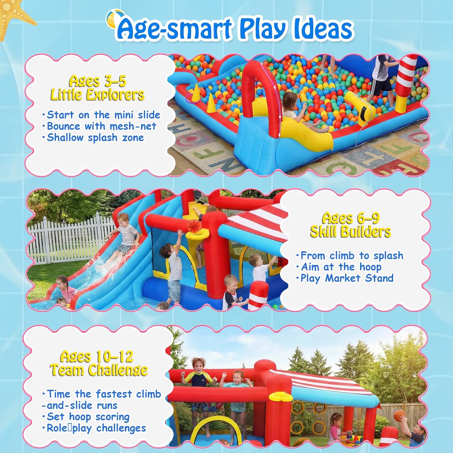 AKEYDIY Water Slide for Kids, 15-in-1 Inflatable Water Bounce House Backyard Snack Stand with Canopy, Waterslide with Long Slide & Large Pool for Kids Outdoor Party Gifts