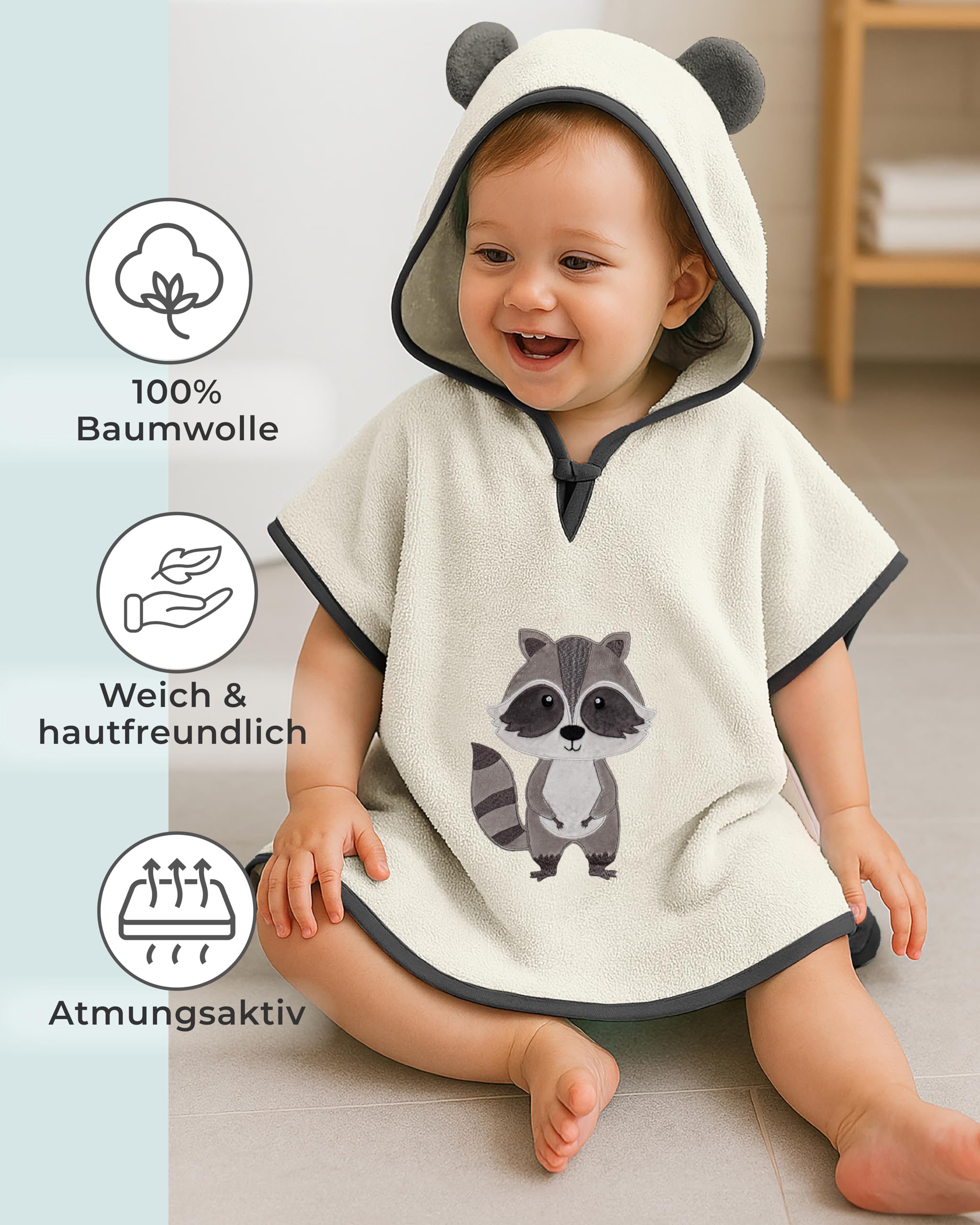 LAYNENBURG Ponczo kąpielowe premium dla dzieci z kapturem – 100% bawełna – Öko-Tex – dla chłopców i dziewczynek, ponczo frotte, Kremowy - Szop pracz, 1-3 lat