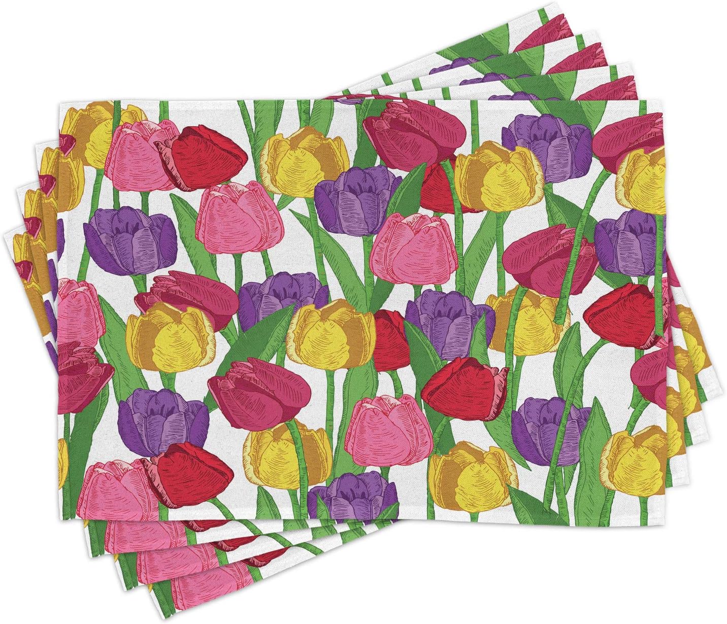 Lunarable Tulip Place Mats Set of 4, Group of Mixed Complex Repeating Tulip in Diverse Colors Seasonal Nature Garden Image, Washable Fabric Placemats for Dining Table, Standard Size, Green Pink