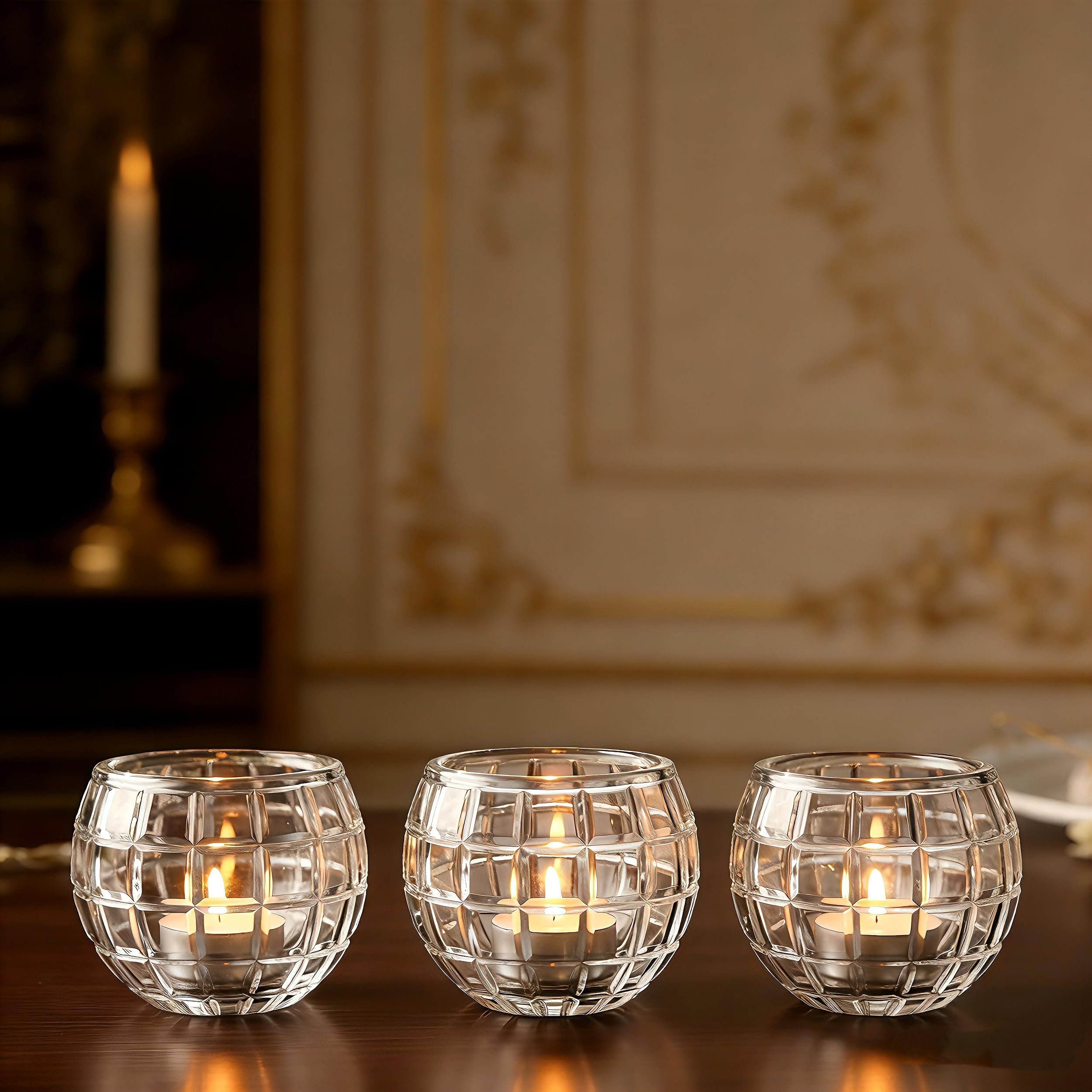 Portavelas votivas redondas de cristal, portavelas pequeños transparentes para centro de mesa, boda, decoración del hogar (3 x 2.36 pulgadas)