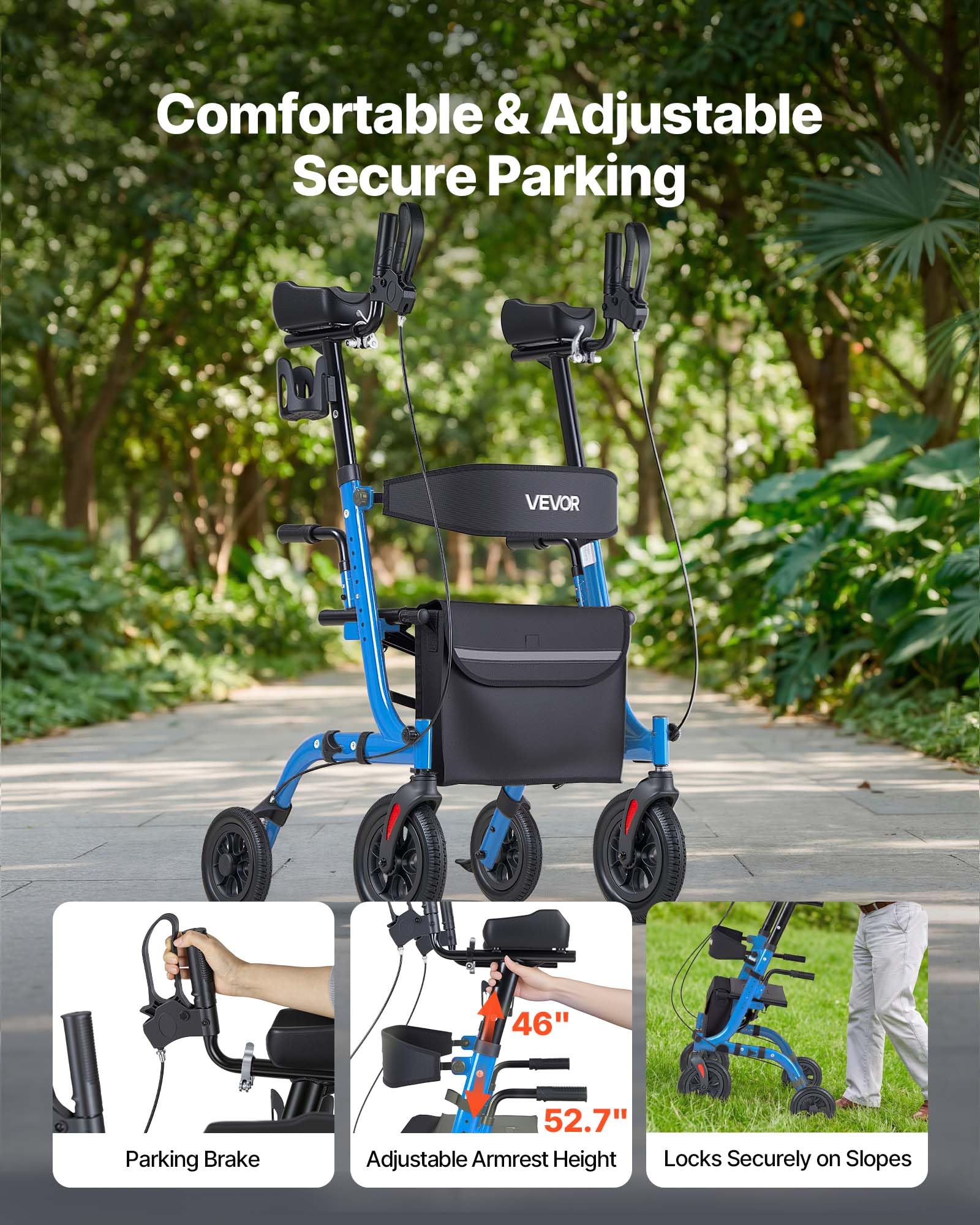 VEVOR Deambulatore con Sedile Supporto Massimo 136 kg per Anziani, Ausilio Pieghevole Leggero in Alluminio con Ruote in PU Maniglia Regolabile Borsa Portaoggetti e Porta Bastone, per Sostegno Disabili