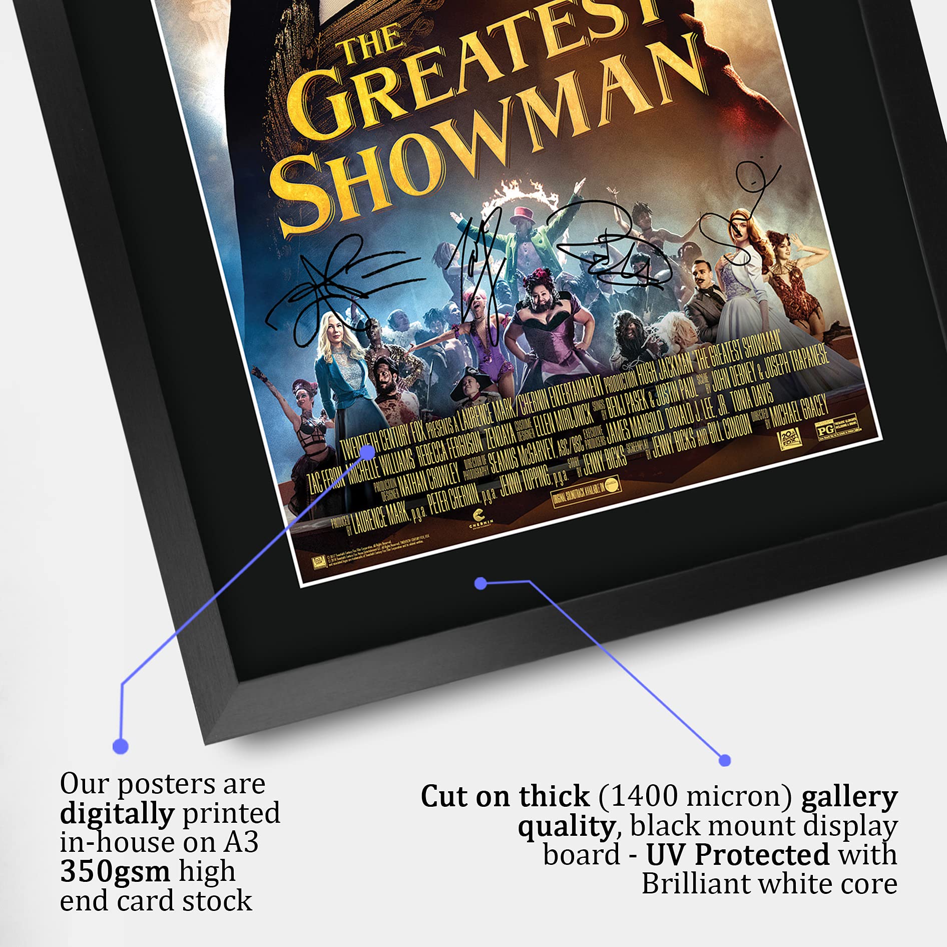 HWC Trading The Greatest Showman A3 Gerahmte Signiert Gedruckt Autogramme Bild Druck-Fotoanzeige Geschenk Für Hugh Jackman Michelle Williams Zac Efron Zendaya Rebecca Ferguson Filmplakat Fans