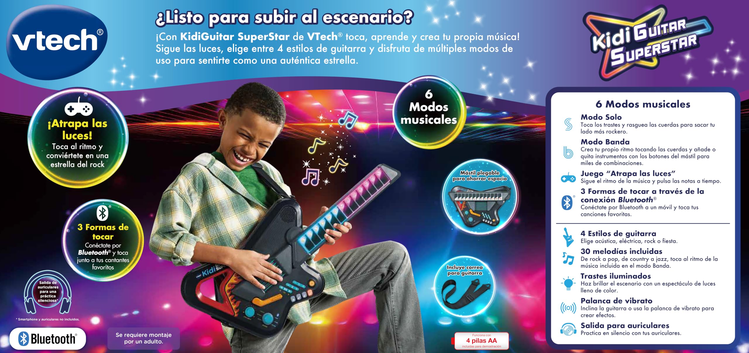 VTech - KidiGuitar Superstar, Guitarra electrónica, Juguetes Musicales para niños +5 años, Versión ESP