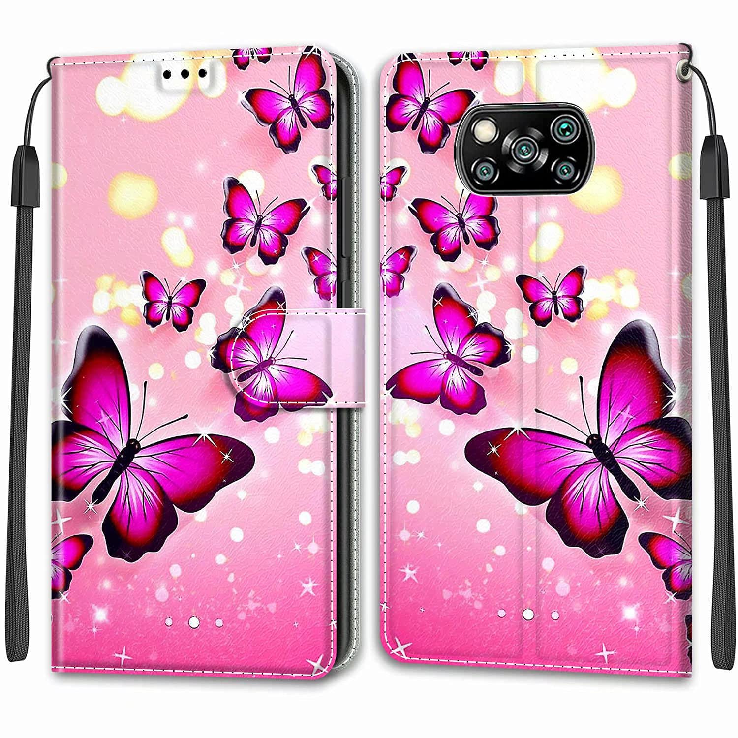 Nadoli Wallet Case for Xiaomi POCO X3 NFC,Colorful Painted [Pink Butterfly] Lanyard Kickstand Card Holder Magnetic Soft PU Leather Folio Protective Flip Cover