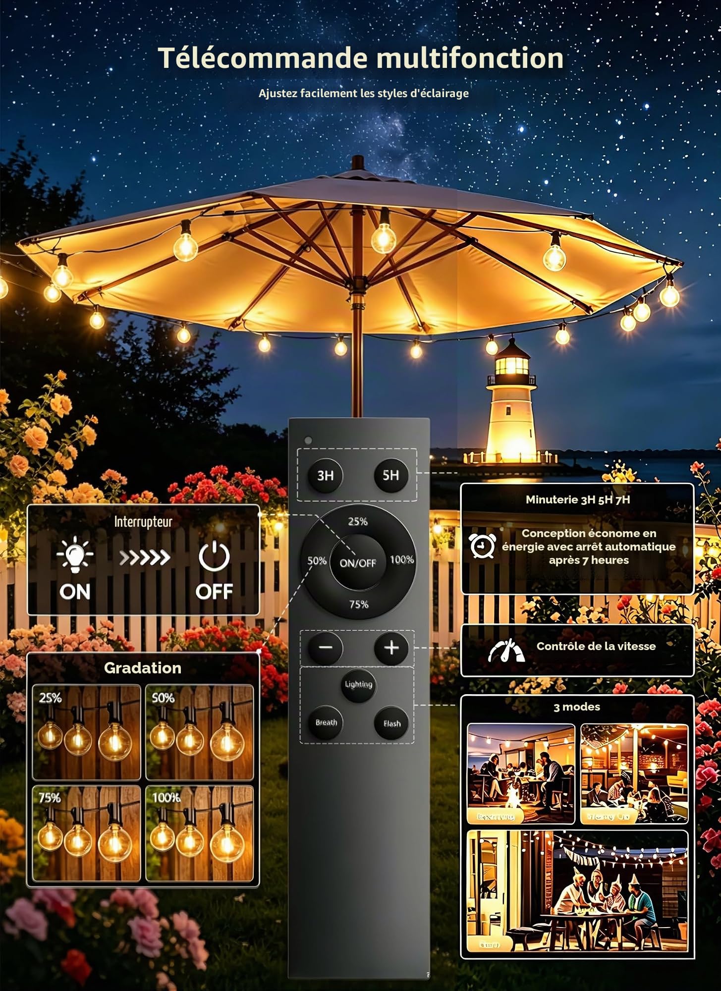 GPATIO Guirlande Lumineuse Exterieure Solaire 30M avec 42 G40 LED Ampoules. | Guirlande Exterieur Solaire avec Télécommande, Imperméable, Incassable, 3 Modes, Fonction Minuterie, Charge solaire + USB.
