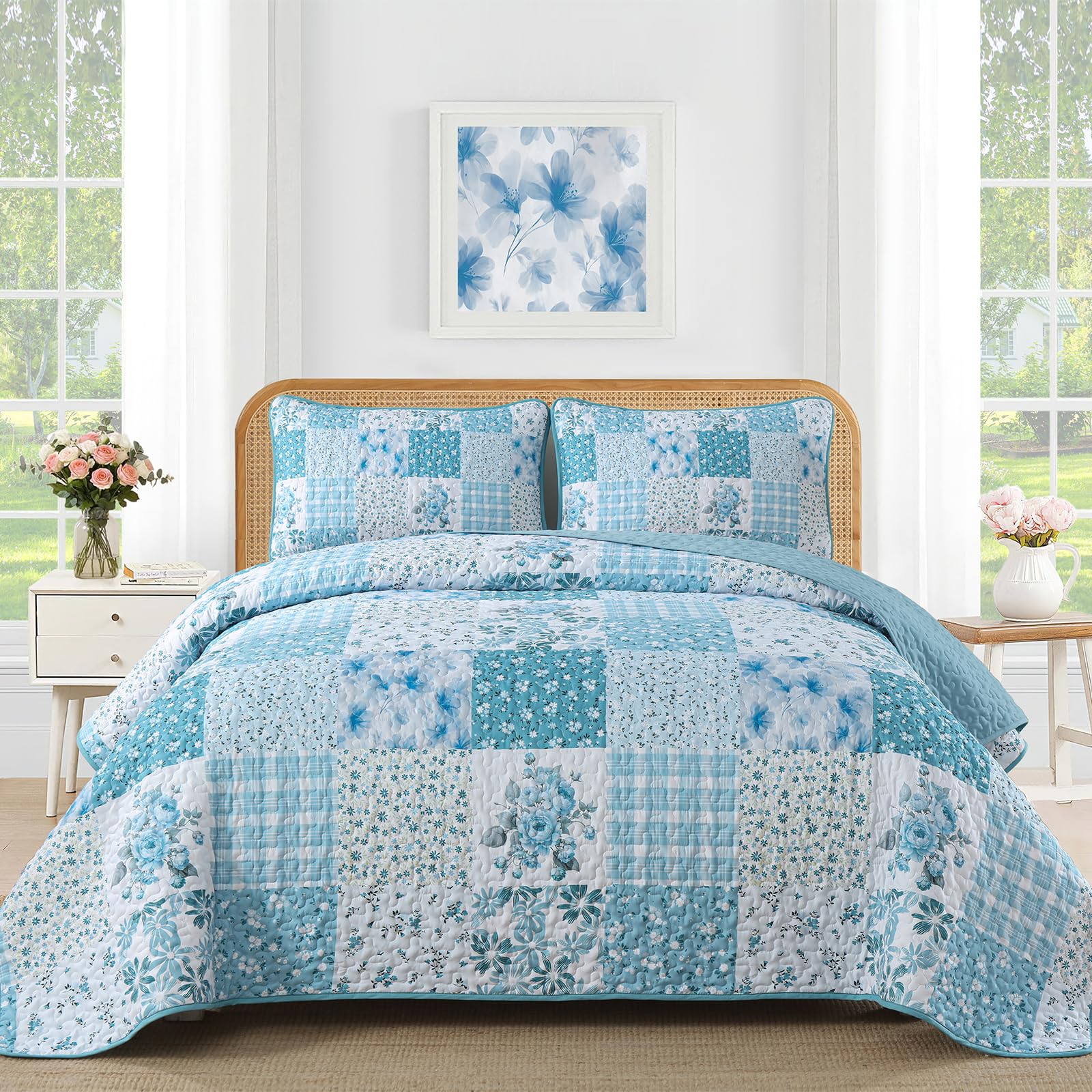 Mybedsoul Blue Patchwork Queen Size Quilt, Reversible Bedding Set