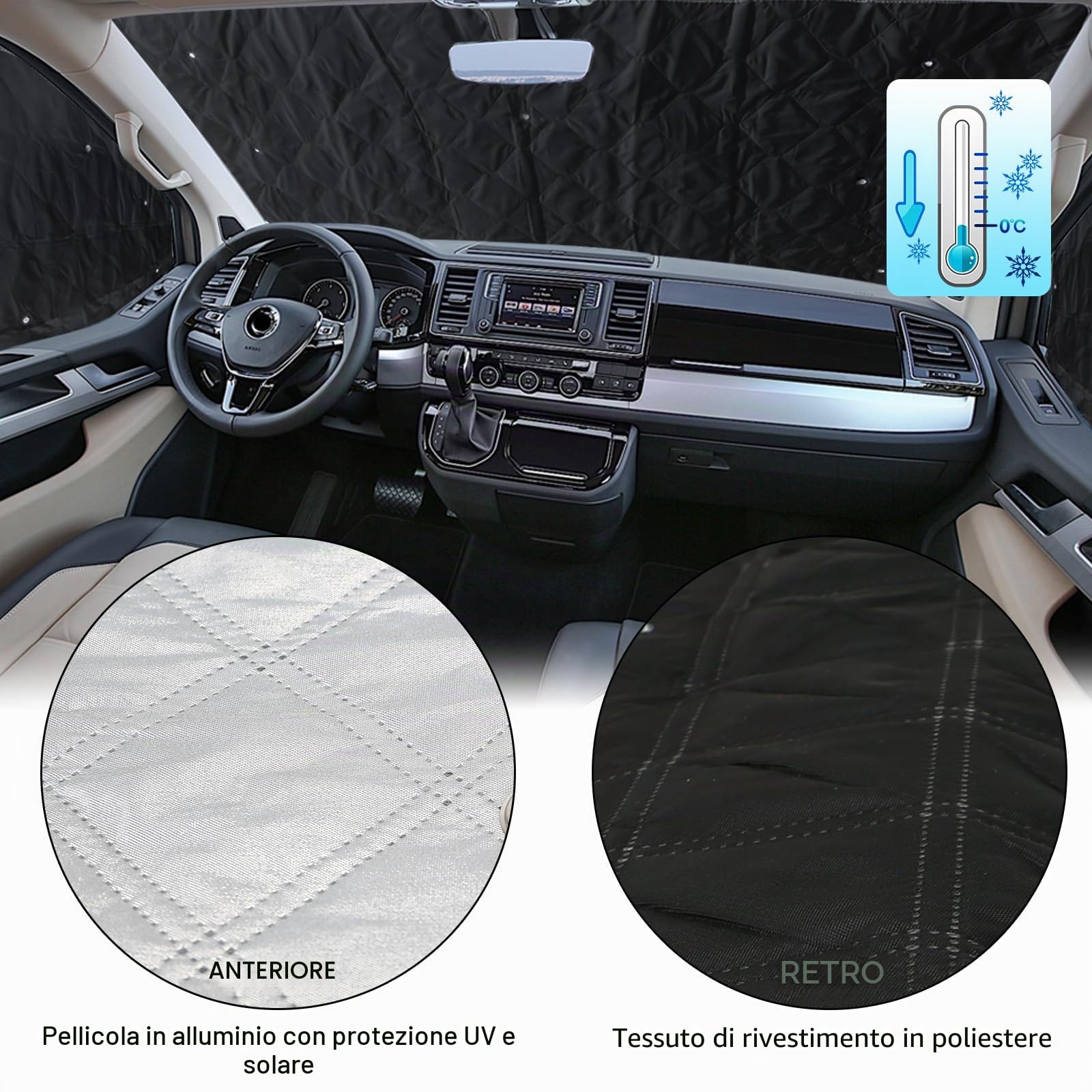 Parasole per Parabrezza per Camper, Compatibile con Ford Transit Custom LWB 2012-2022, Set di 8 Parasole Pieghevole, Protezione Termica Interno con Custodia, 100% Occlusione