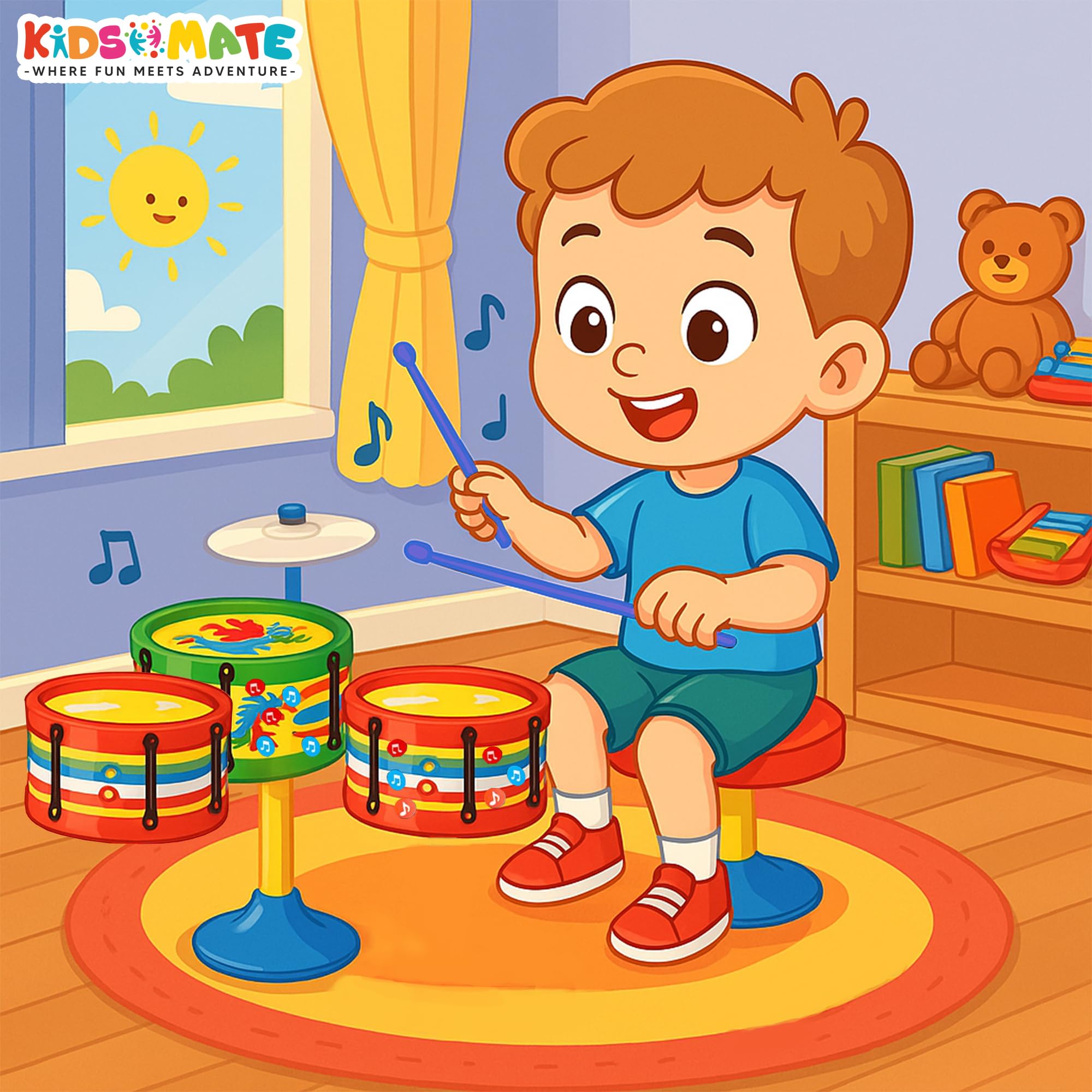 Kidsmate Lil’ Beats Drum Set for Kids | Musical Toy Set with 3 Drums, 1 Cymbal, Drumsticks & Stool | Durable Plastic Learning Toy Music Instrument for Boys & Girls for 3 Years & Above - Multicolor - Image 7 thumbnail