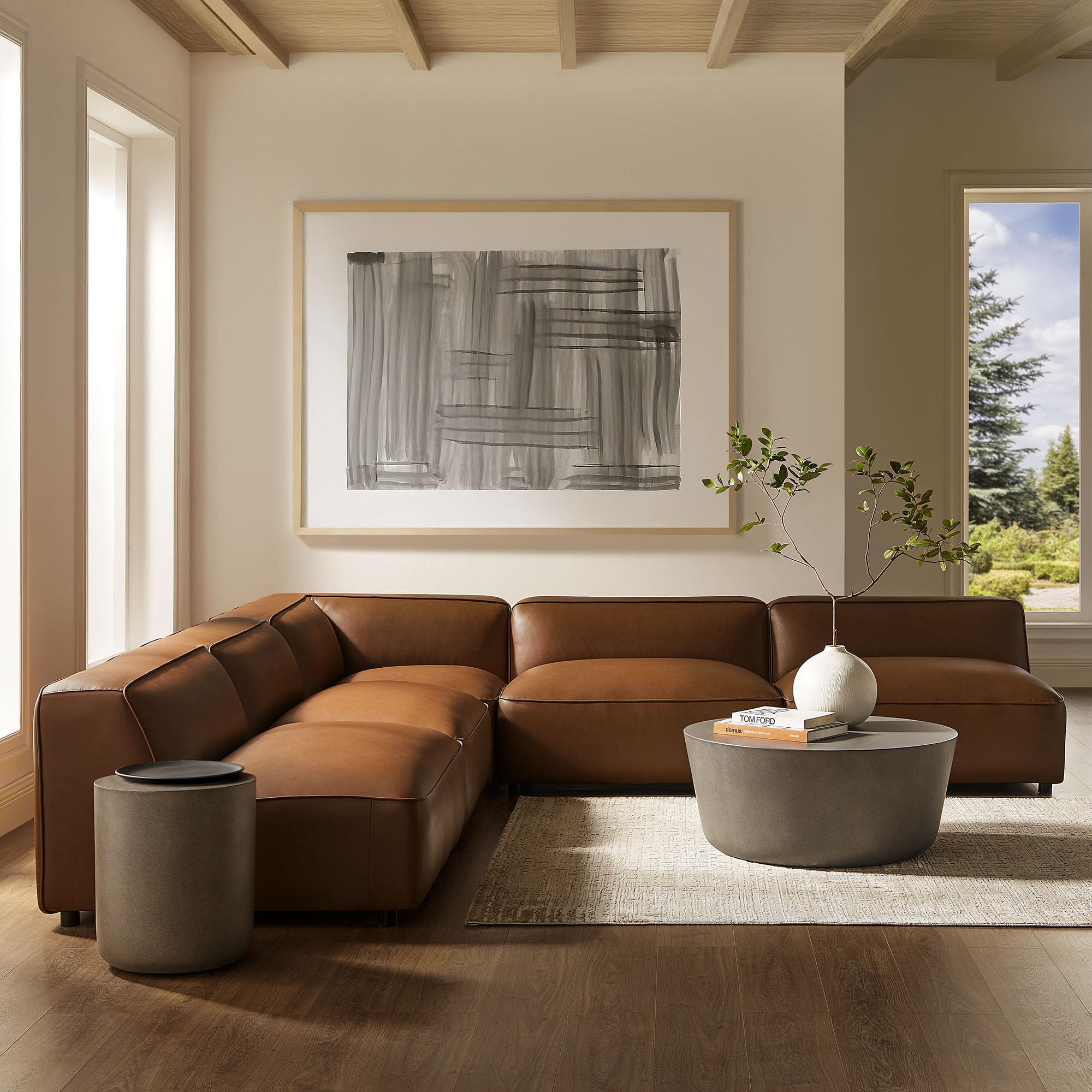 Modway Auren Vegan Leather 5 Piece Armless Modular Sofa in Coffee - Faux Leather L Shaped Sectional -