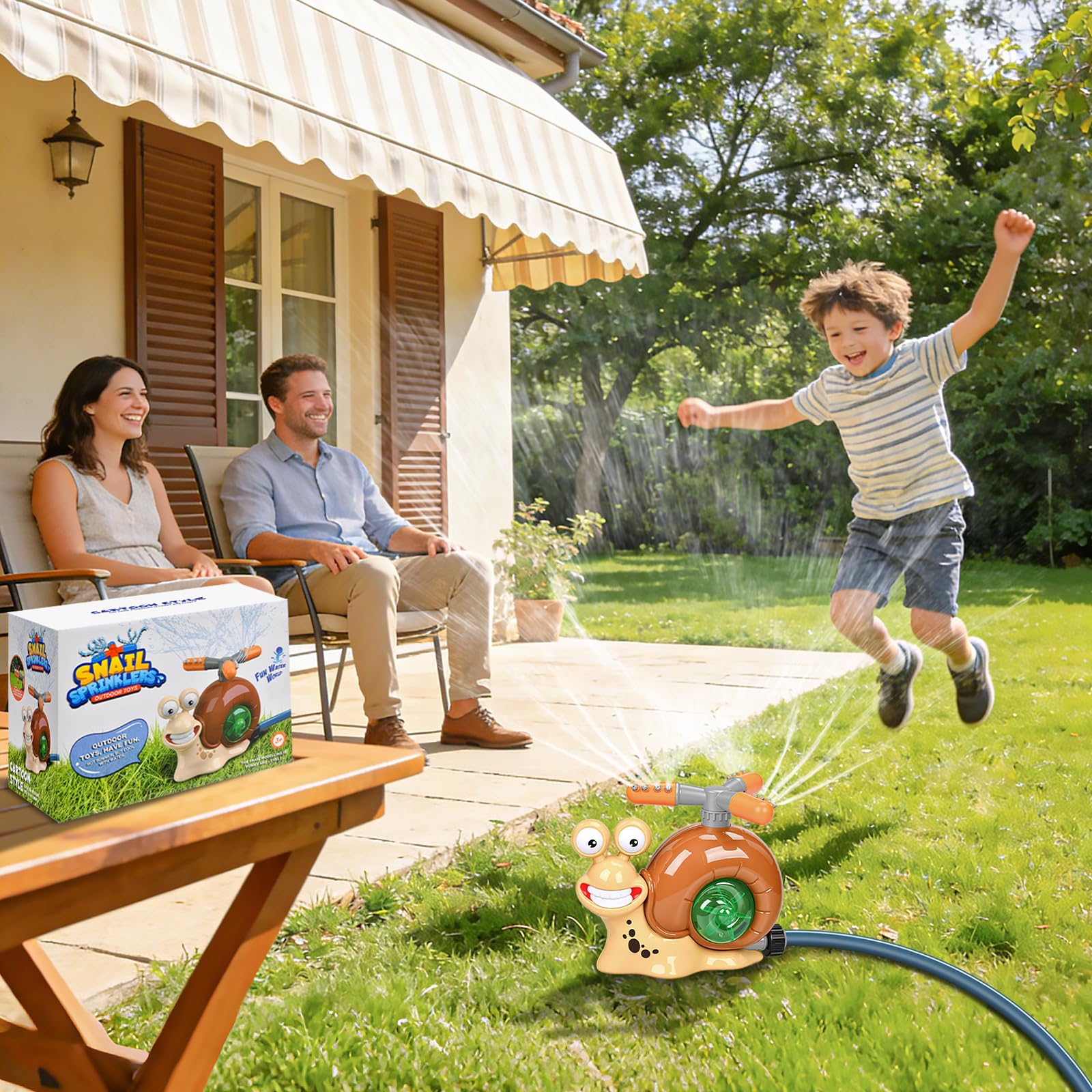 Wassersprinkler Kinder Outdoor 360° Rotierender Schnecken Rasensprenger mit Schlauchanschluss, Garten Sprinkler für Rasen, Pool und Außenbereich, Wasserspielzeug mit Zubehör