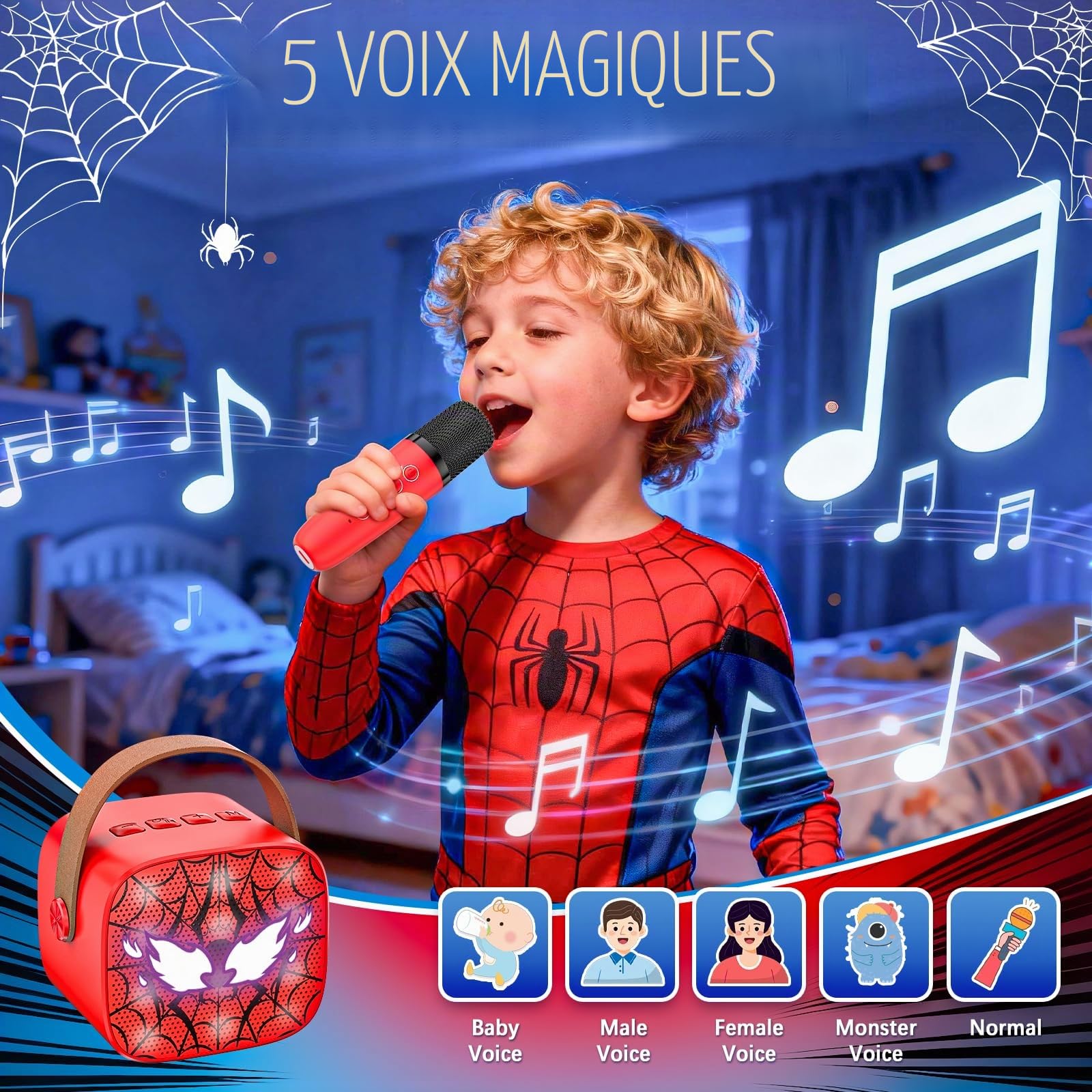 Spider Micro Karaoke Enfant, Jouet Cadeau Garcon Fille 3 4 5 6 7 8 9 10 11 12 Ans, Micro Karaoké Enfant pour Chanter avec 2 Microphone sans Fil Bluetooth, Cadeau Anniversaire Noël Garcon(Rouge)