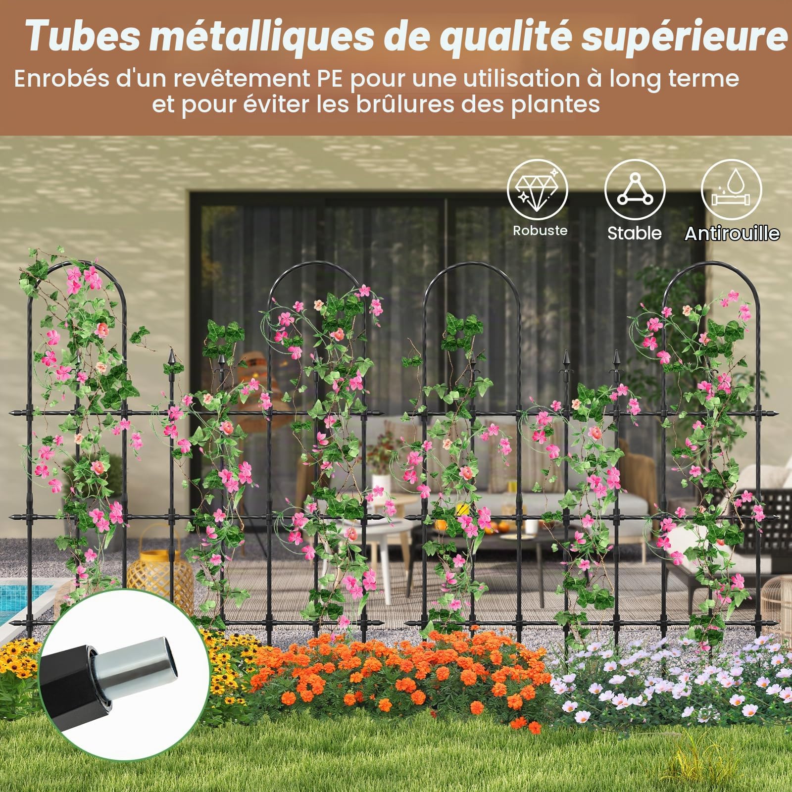 HOMASIS Treillis de Jardin Extérieur en Métal, Support pour Plantes Grimpantes avec Tuyaux Métalliques Revêtus de PE Antirouille, Piquets Aiguisés pour Légumes Fleurs, Grillage pour Plantes Décorative