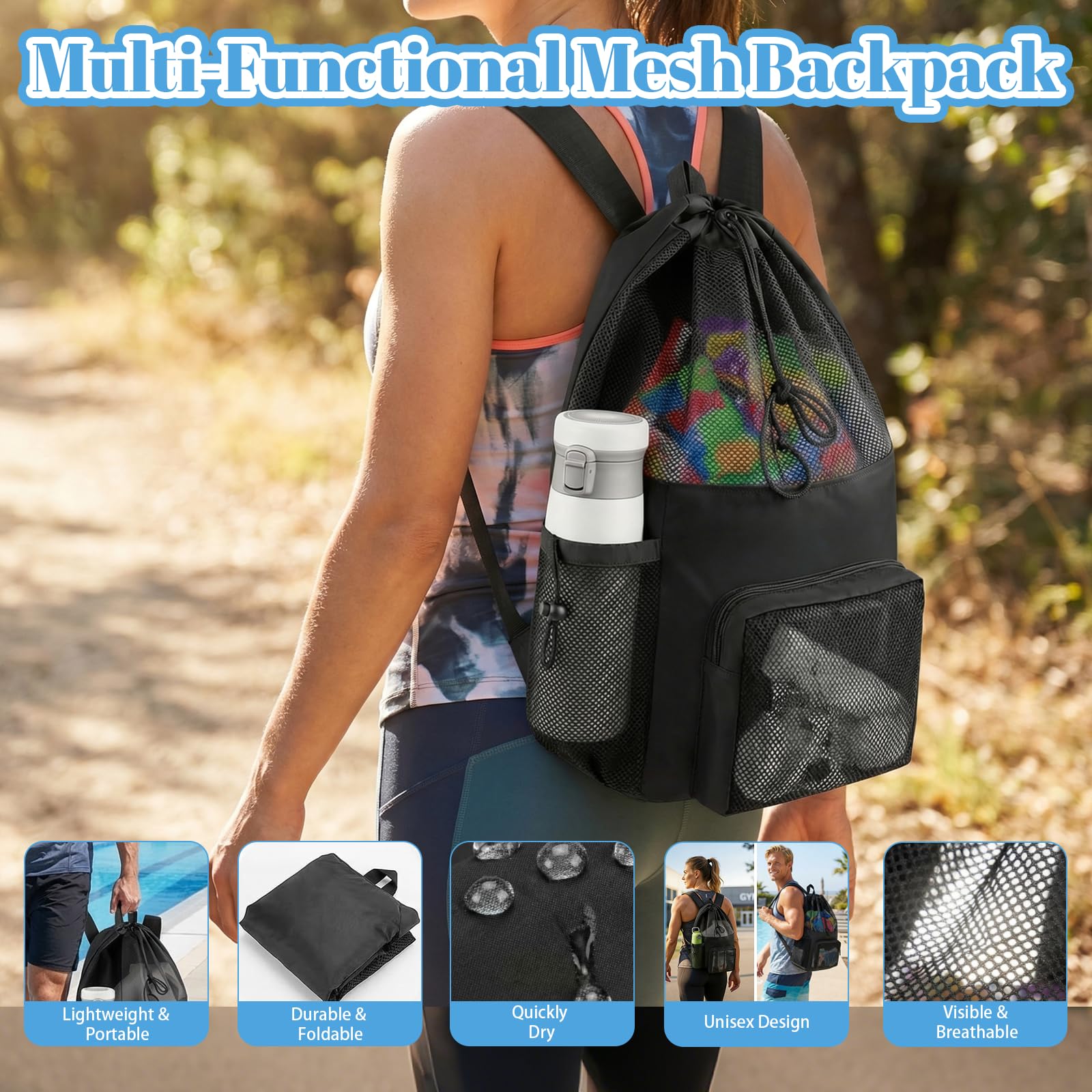 Mochila de malla para natación con cordón, Bolsa de playa ajustable para hombres y mujeres