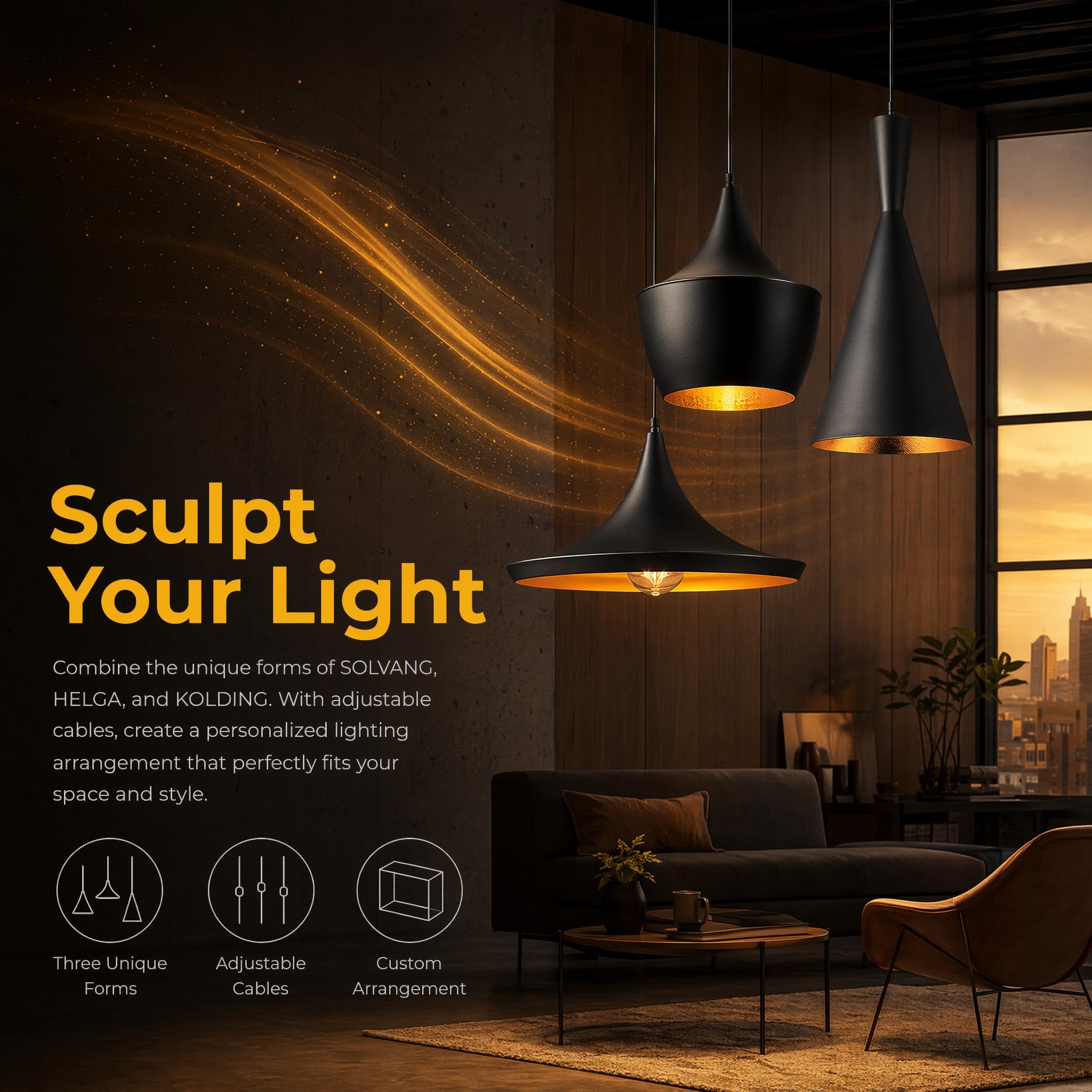 BARCELONA LED 3er Set Skandinavische Pendelleuchten SOLVANG HELGA KOLDING | Aluminium, Schwarzmatt, Goldene Innenseite, E27 Bis 40W, Höhenverstellbares Kabel, Warmes Licht
