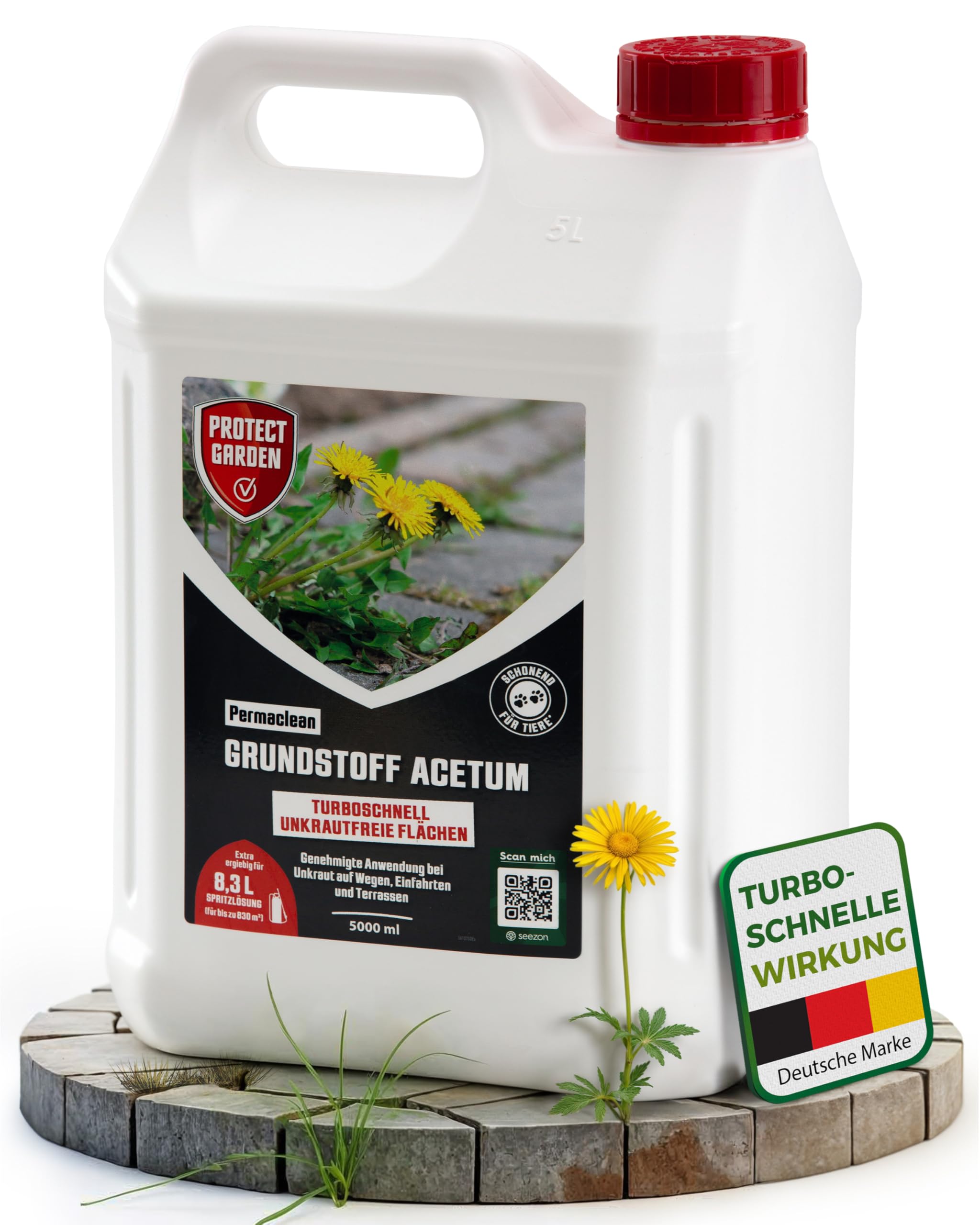 PROTECT GARDEN Permaclean Grundstoff Acetum, turboschnelle Beseitigung von Unkraut auf Wegen, Plätzen und Terrassen, 5 Liter Kanister