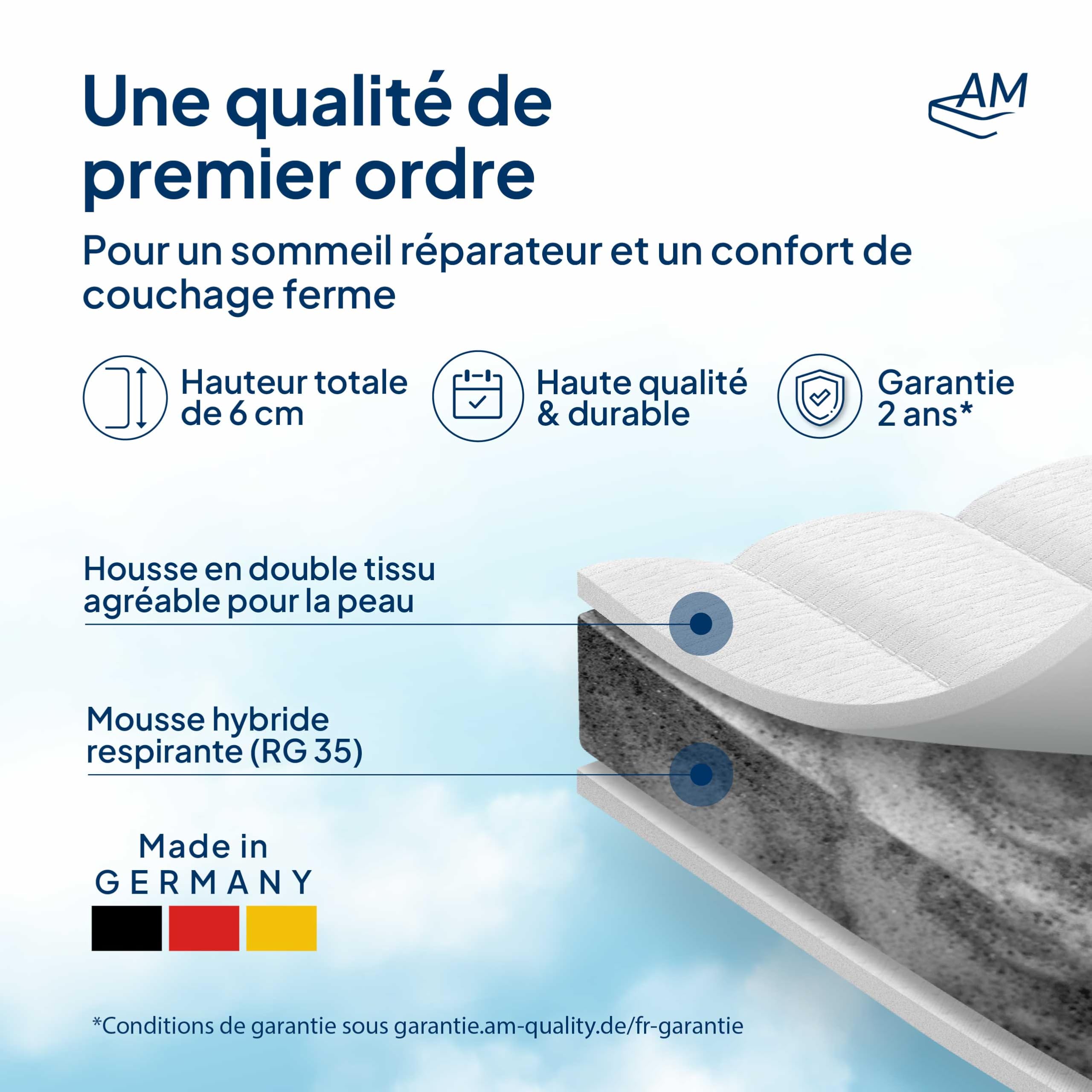 AM Qualitätsmatratzen - Surmatelas 180 x 200 cm Dur - Housse de surmatelas Amovible et Lavable - Surmatelas Ferme 180x200 Mousse 6 cm - Topper pour Un Bon Sommeil - 180/200