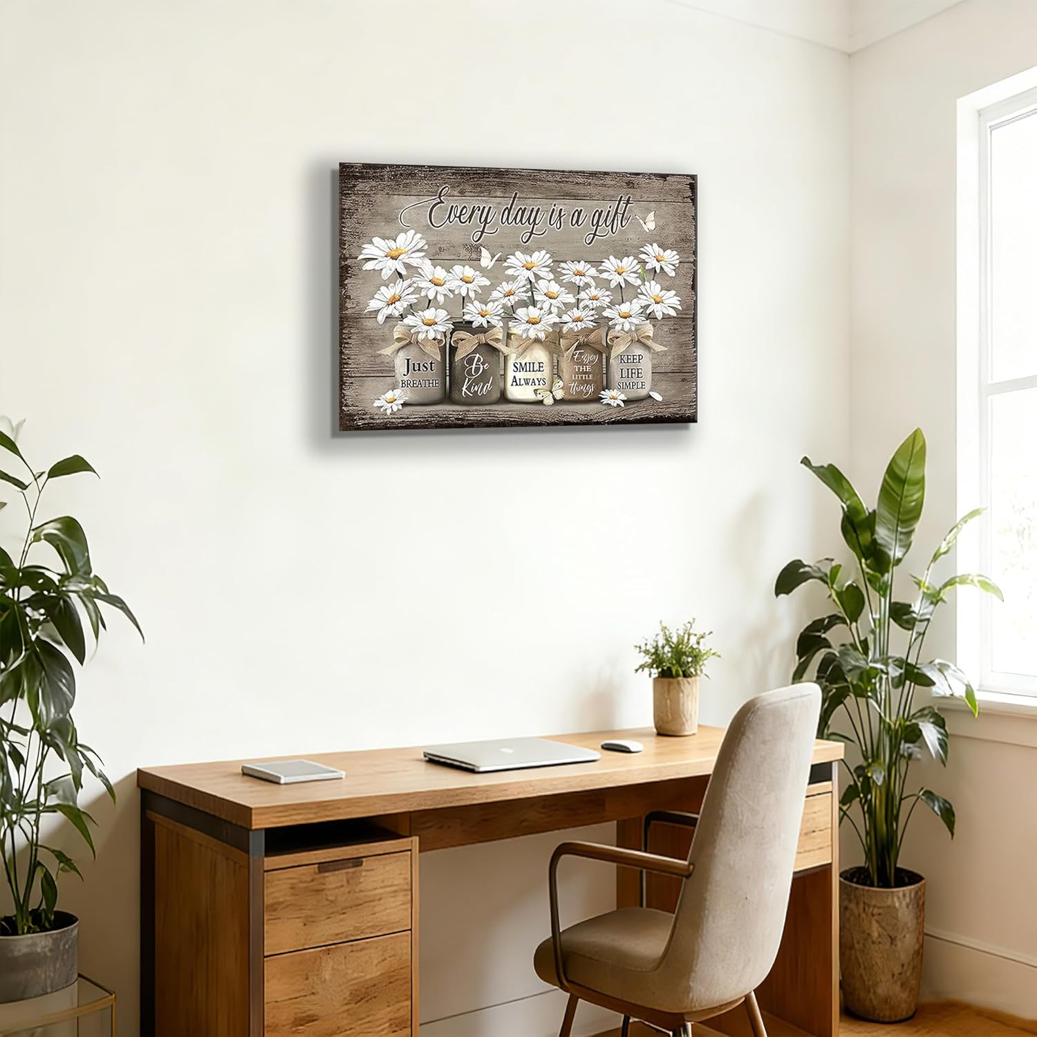 Rustic Flowers Wall Art Vintage Daisy Farmhouse Canvas Wall Decor Paintings Flower Butterfly Inspirational Posters Prints Pictures Artwork for Bathroom Bedroom Living Room Office 16x24 Inch