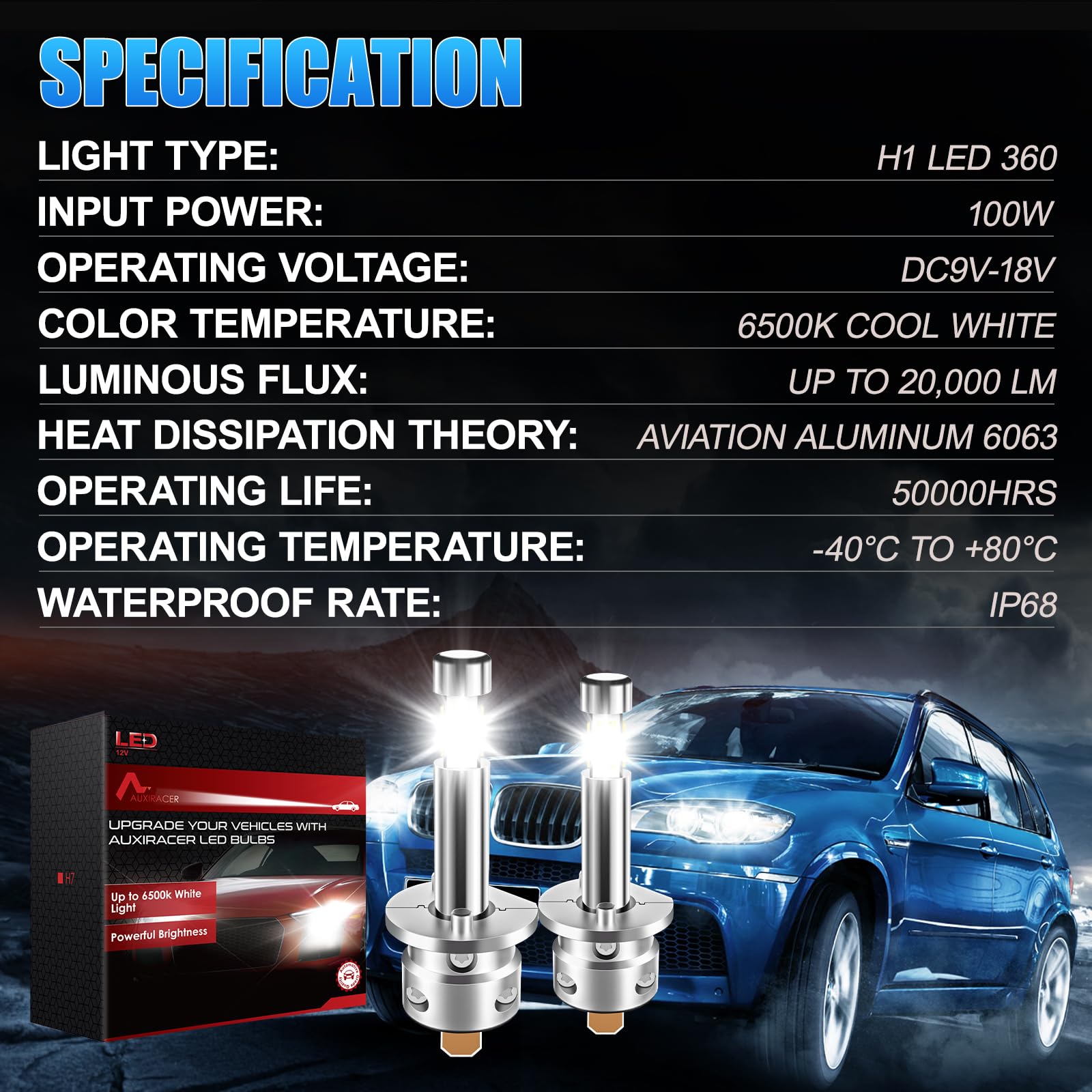 AUXIRACER H1 LED Bombillas, 360°6500K Blanco 500% Más Brillante, H1 LED Adecuada para la Luz Antiniebla del Automóvil Plug and Play, 2 piezas
