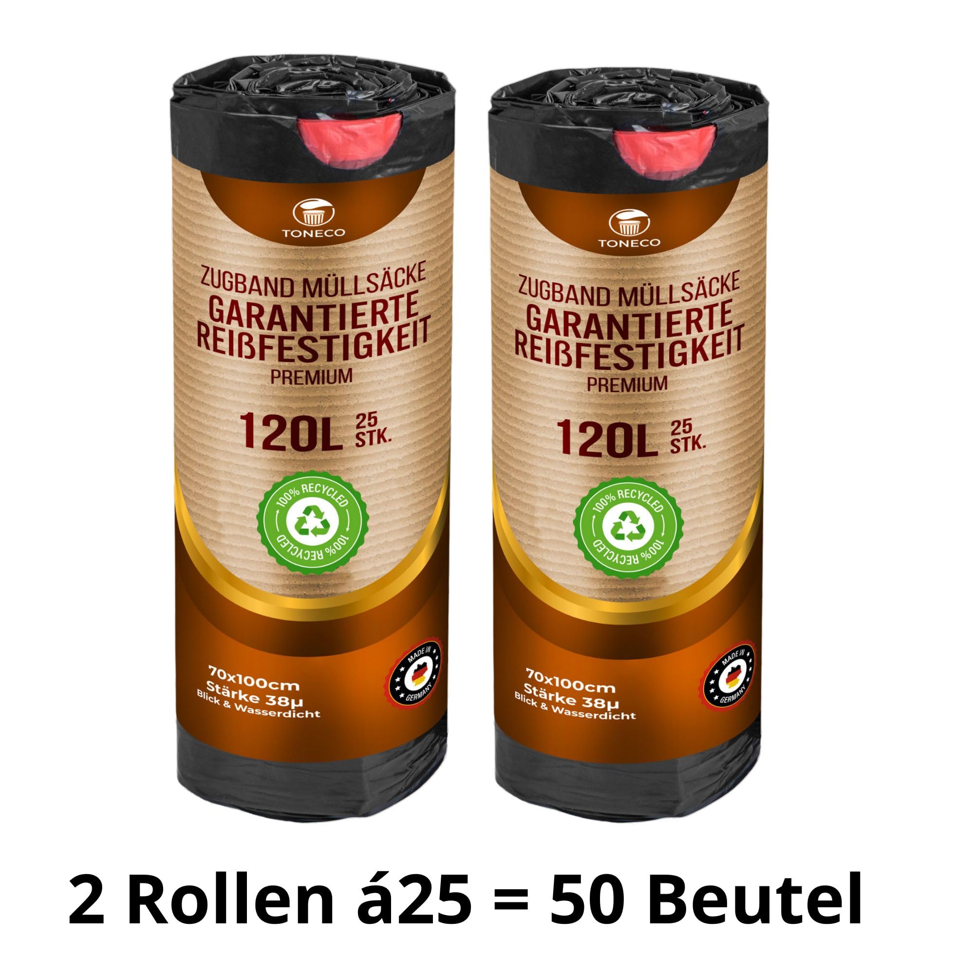 reißfeste Müllsäcke 120L Schwarz - MIT ZUGBAND -100% Recycelt - XXL Mülltüten (50 bis 1000 Säcke wählbar) (50)