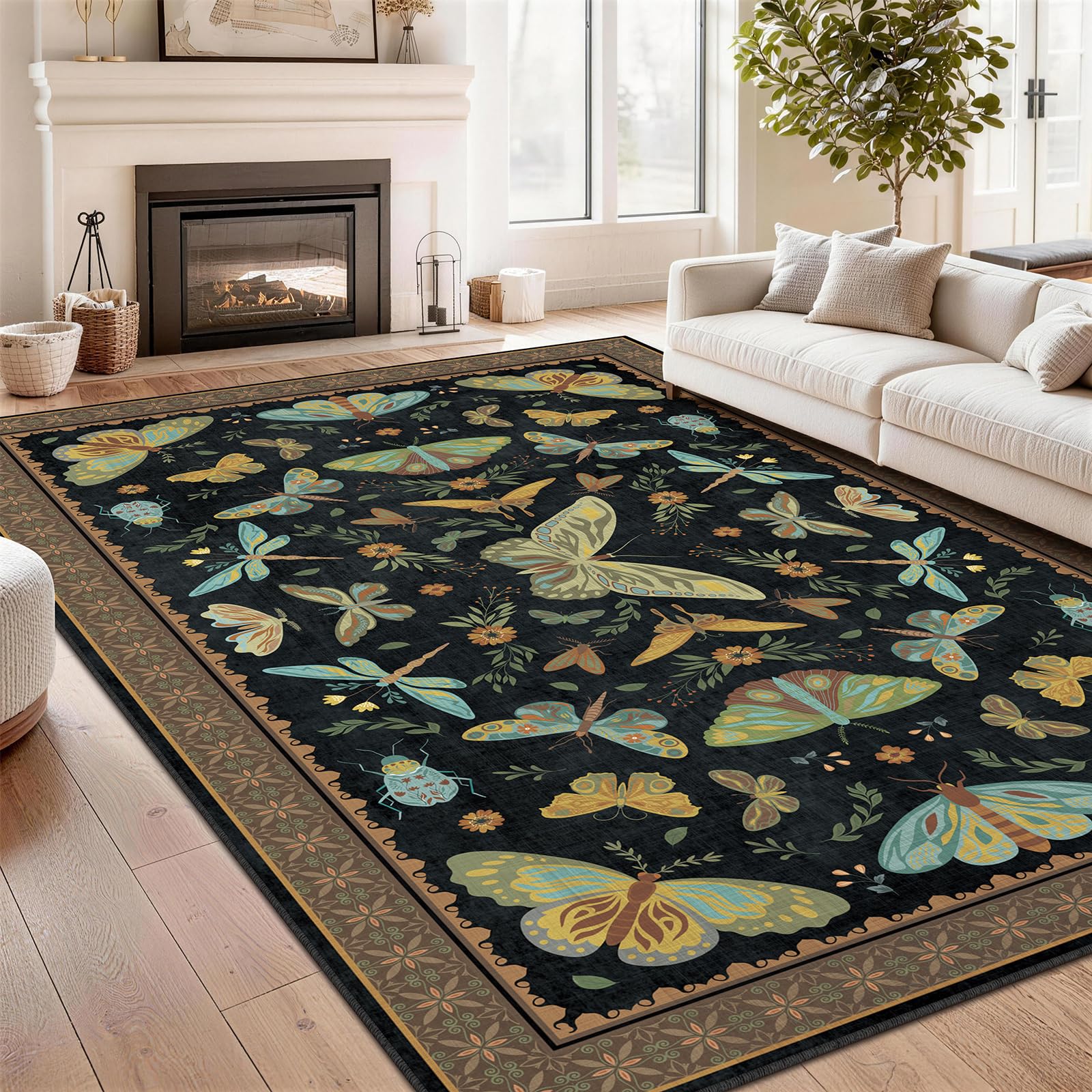 SOANNY Butterfly Rug Living Room, Soft Low Pile Washable Non Slip Area Carpet for Bedroom Kitchen Entryway Beside Sofa Office Dorm, Modern Stain Resistant Mat Floor Decor, 120x160 cm, Black Brown โ image 1