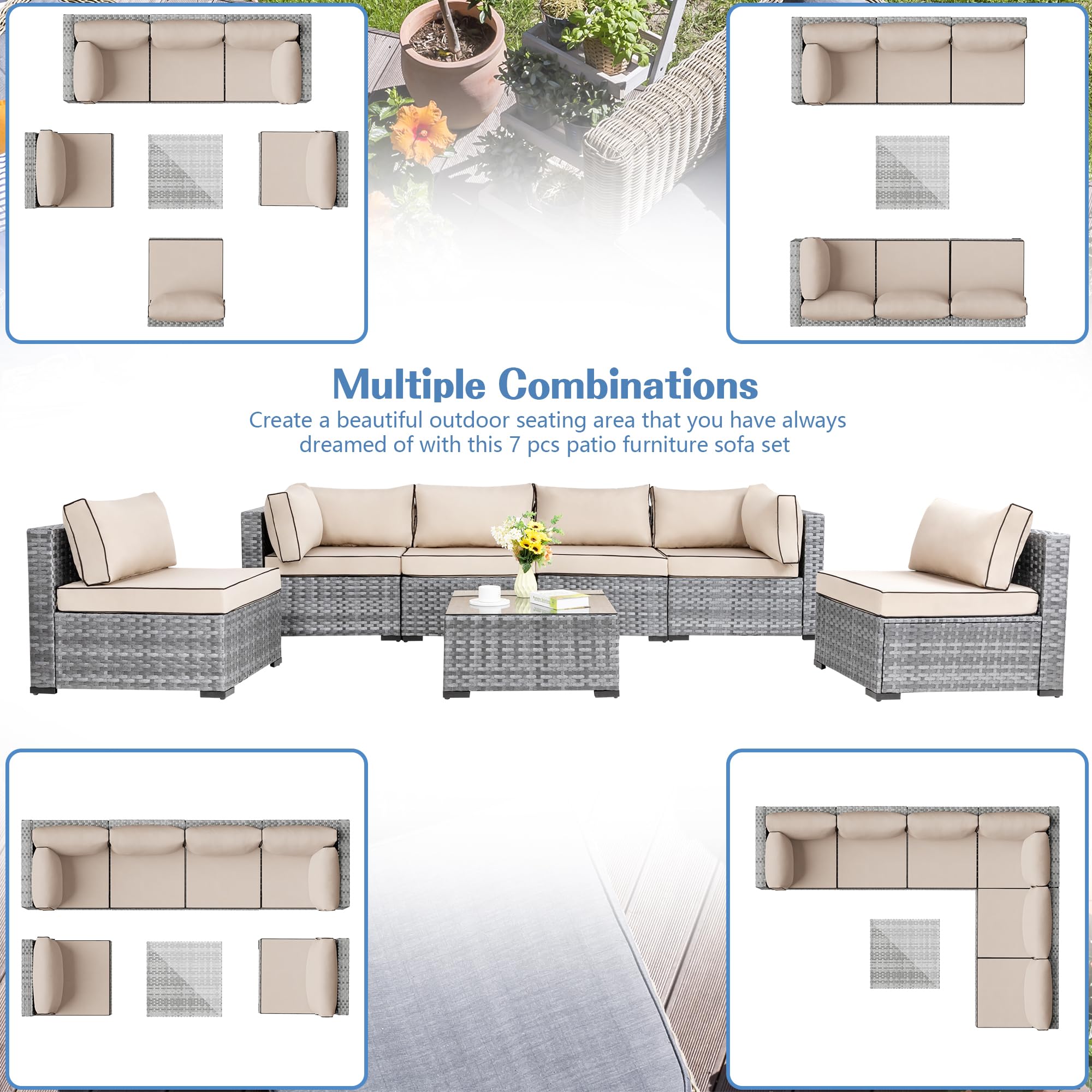 ( incomplete ) Shintenchi 7 Pieces Outdoor Patio Sectional Sofa Couch, Silver PE Wicker Furniture Sets, Patio Conversation Sets with Washable Cushions Glass Coffee Table for Garden, Poolside, Backyard, Khaki