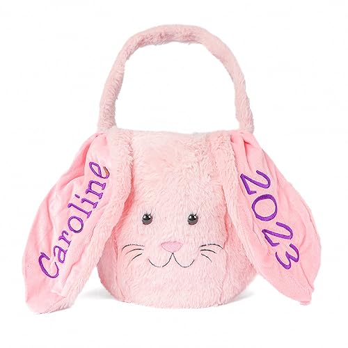 Personalized Easter Candy Basket with Embroidered Name - Custom Bunny Plush Tote Bag Easter Baskets for Kids - Egg Bucket Goodies Bags for Easter -