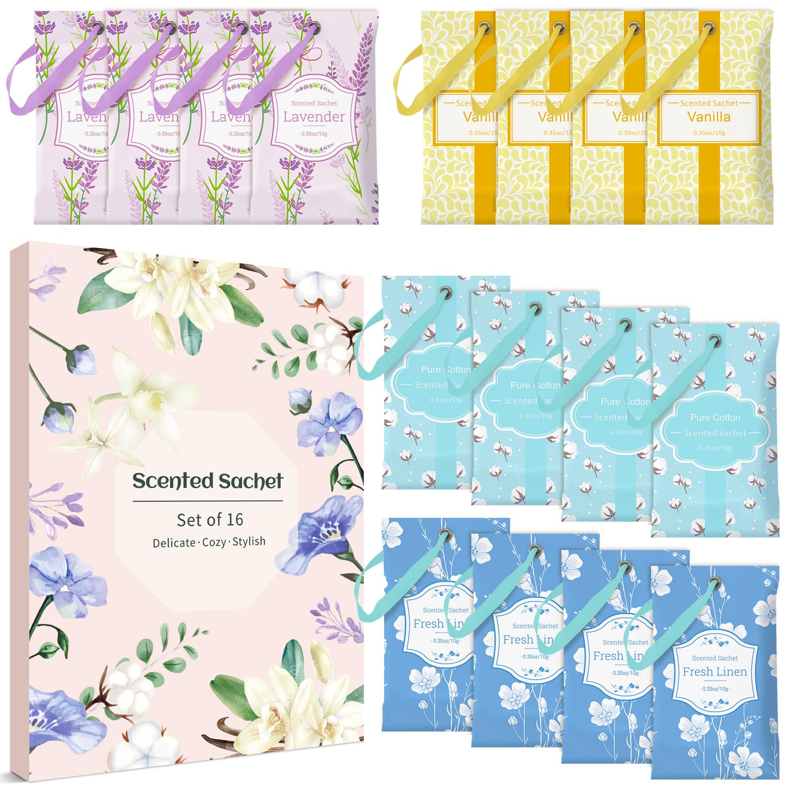 LA BELLEFÉESachets for Drawers and Closets, 16 Packs Scented Air Freshener Bags,Variety Pack Sachets, 4 Scents Linen, Lavender, Vanilla, Pure Cotton Long-Lasting Home Fragrance for Lover