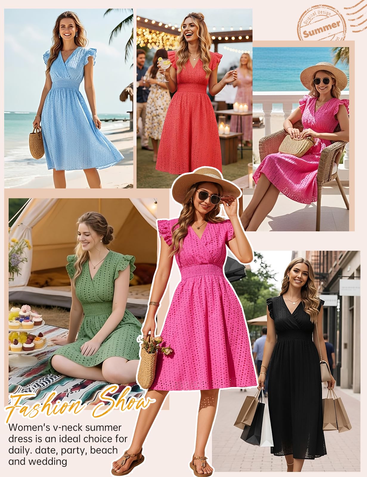 Vestidos Verano Mujer Sin Mangas Vestidos Corto Cuello en V Algodón Elegante Dress de Manga con Volantes Cintura Alta Elástica Mini Vestido de Playa Sueltos Casual con Bolsillos