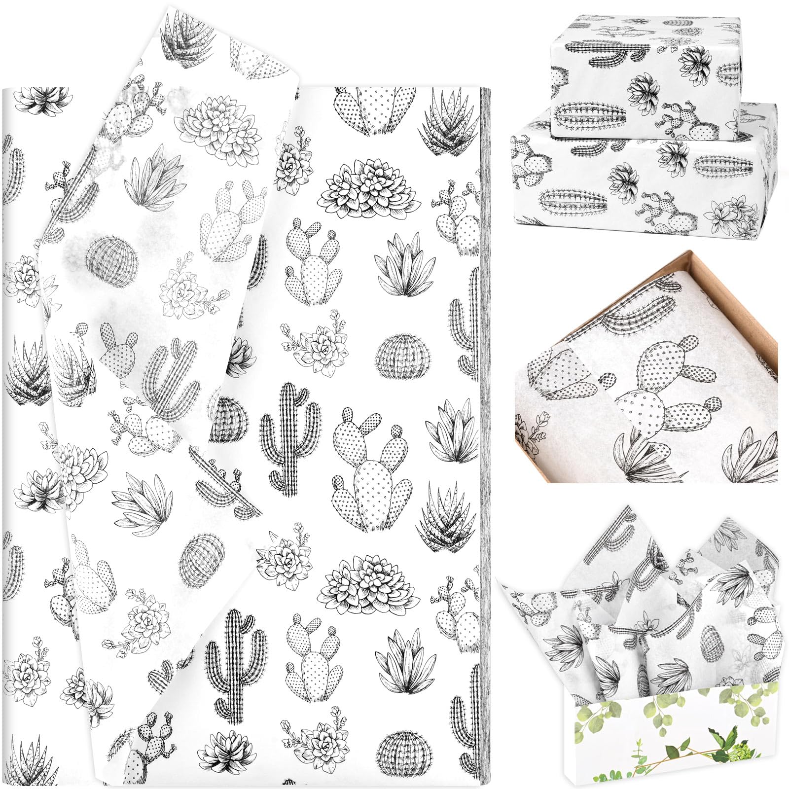 100 Sheets 20 * 14 Inches Cactus Tissue Paper Black White Succulent Cactus Printed Tissue Paper for Gift Wrapping Birthday Baby Shower Party DIY Craft