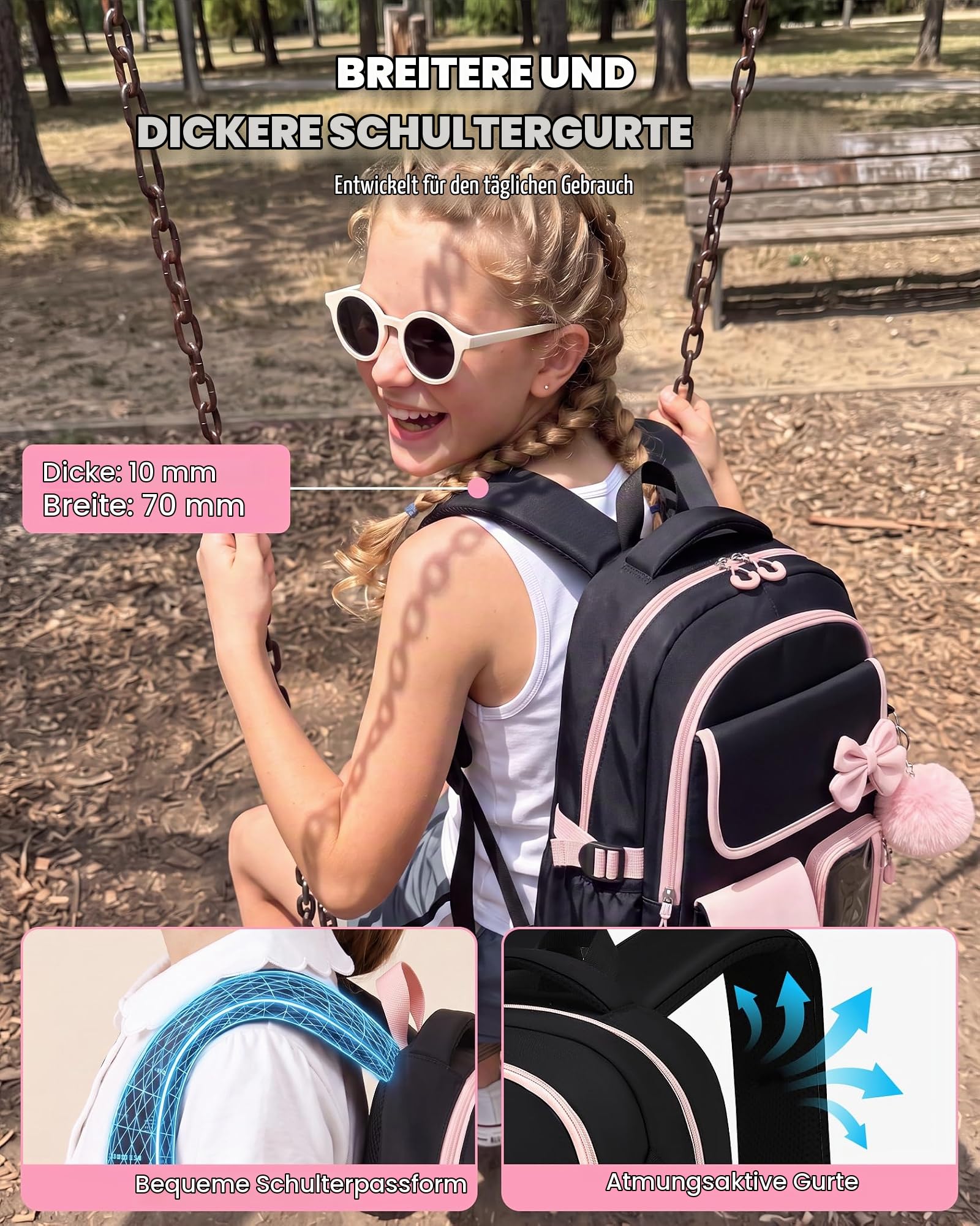 Amythe Schulranzen Mädchen Teen 10-18 Jahre 3-teilig Set, Rosa