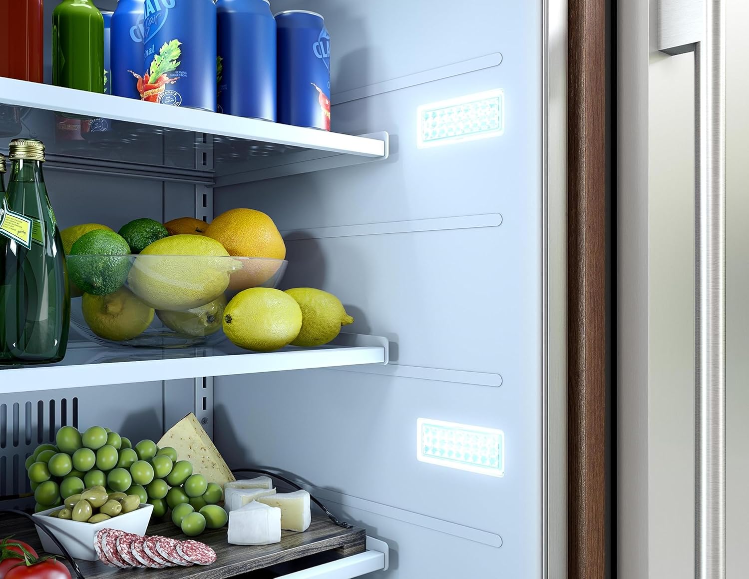 Close-up of the refrigerator interior showing bright Cloud White LED lighting