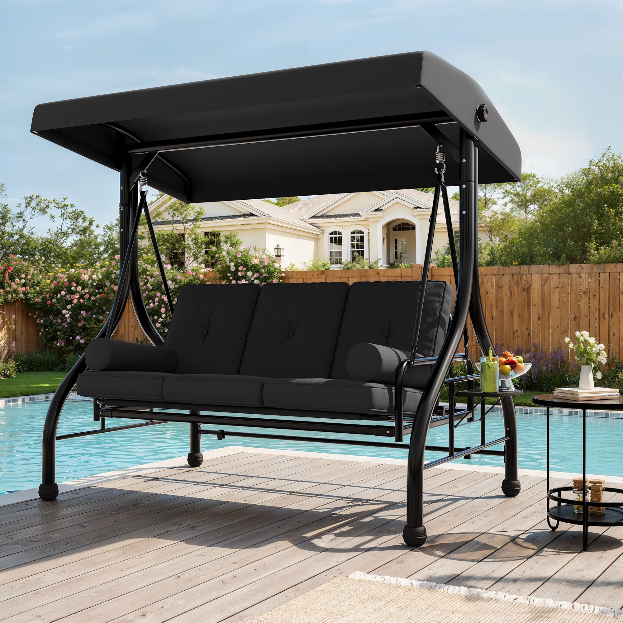 Photo 1 of ***MISSING PARTS***
Outdoor Porch Swing with Adjustable Canopy, 3-Seat Patio Swing Chair with Stand, 800LBS Heavy Duty Outdoor Swing for Adults with Cup Holder Tray, Cushion & Pillows, Patio Swings with Canopy for Garden