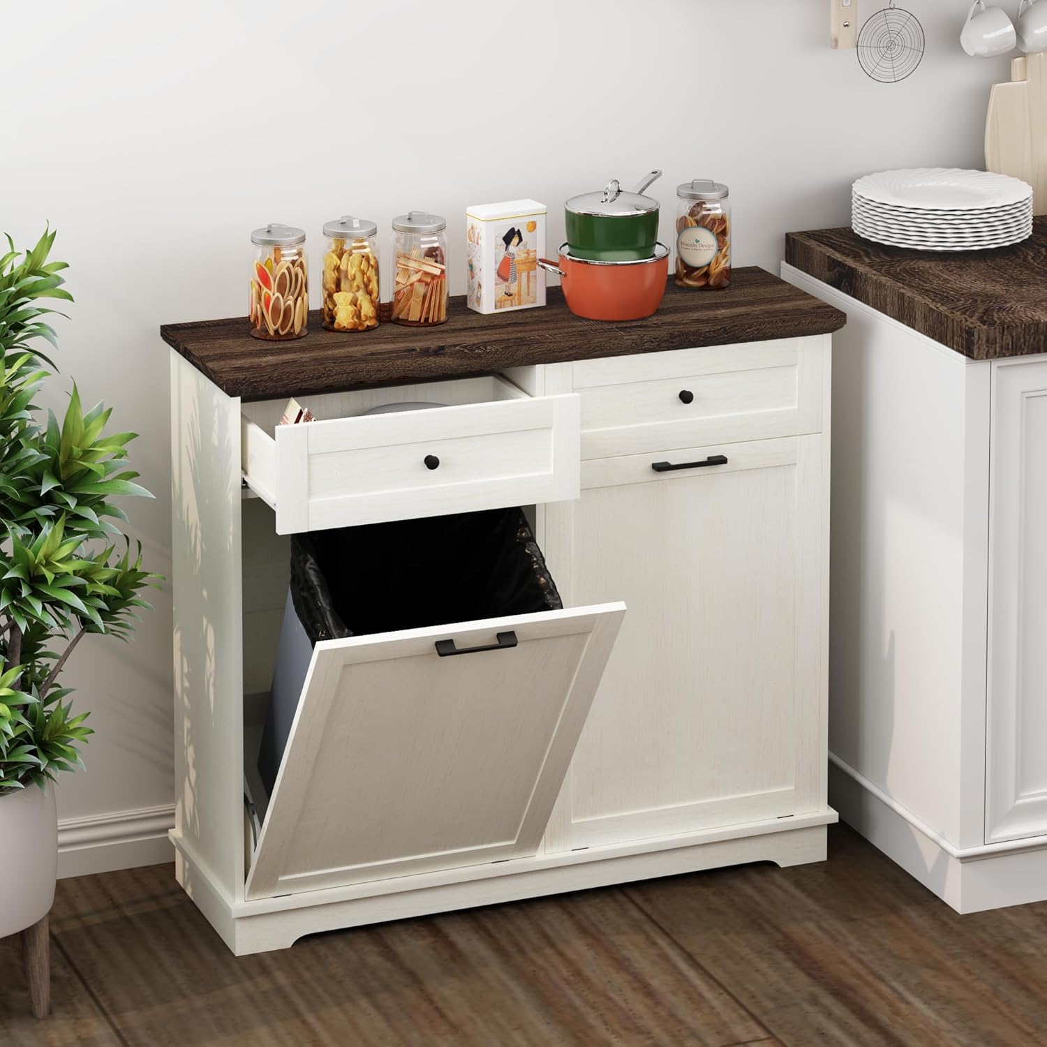 20 Gallon Double Tilt-Out Trash Can Cabinet, Freestanding Wood Garbage Bin Holder with Hideaway Drawer, Pet-Proof Kitchen Recycling Cabinet with Storage Top, Antique White