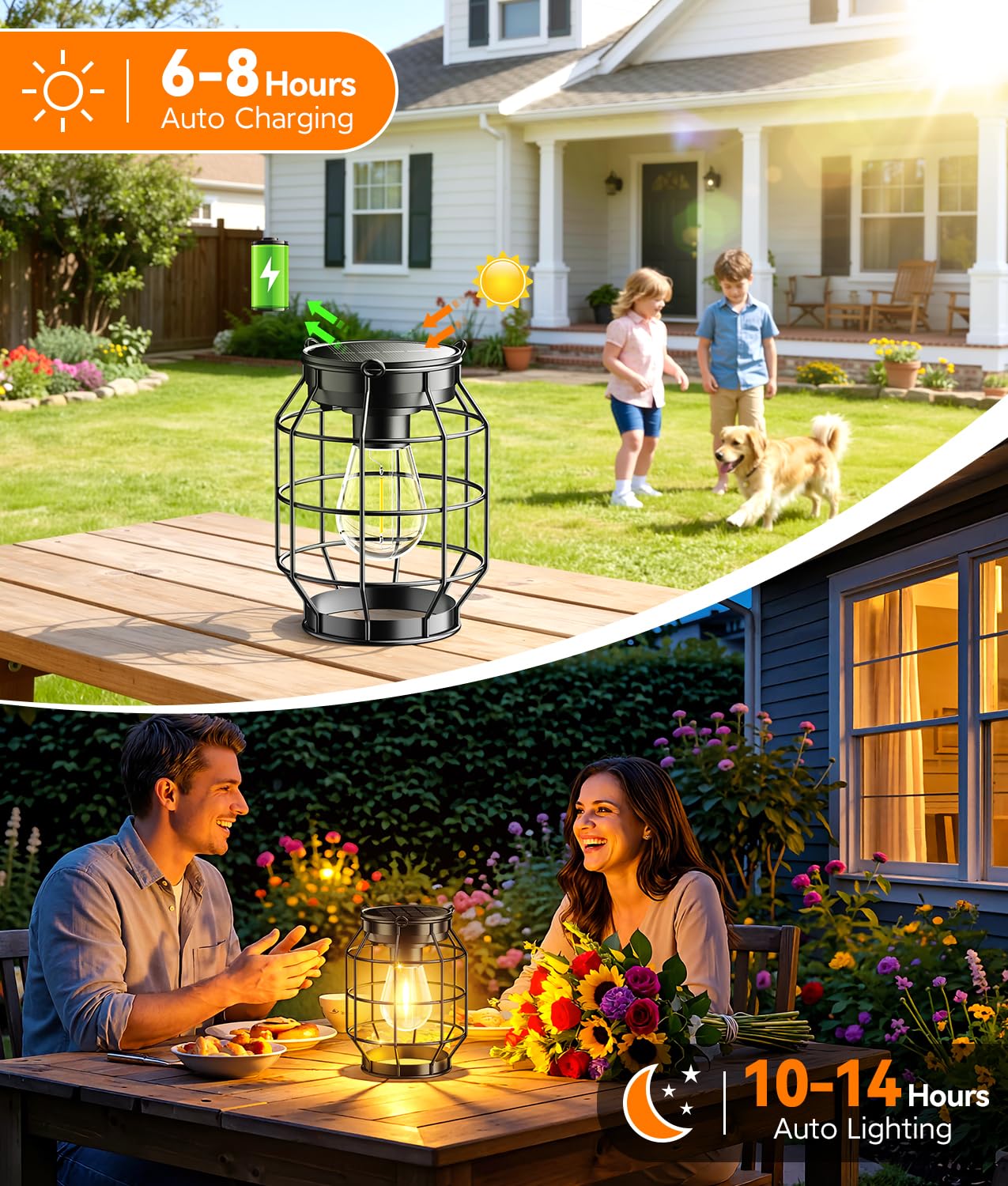 KOOPER Confezione da 2 lanterne solari impermeabili per esterni, luci solari da appendere in metallo, più luminose e automatiche, da appendere, per cortile, patio, sentiero, portico, giardino