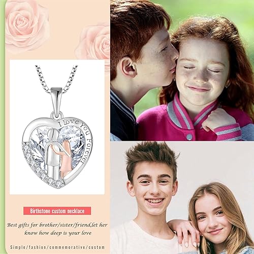 Miniatura 6 de Collar de plata de ley 925 con piedra natal de corazón con texto en inglés "I Love You Forever", regalos para hermana de hermano, joyería de