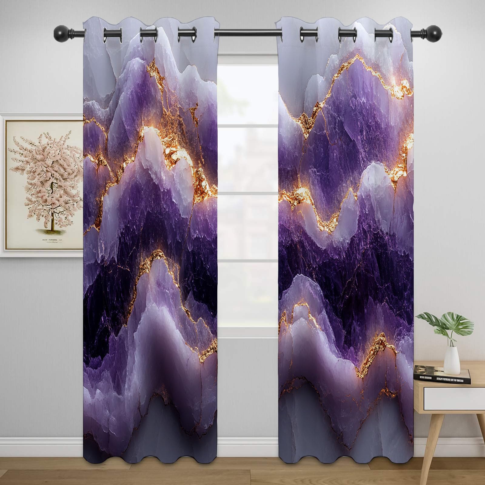 Abstrakt Vorhänge Blickdicht Gardinen Tiefpurpurne Kristall-Goldtextur Modern Wellen Blumen Vorhang Verdunklungsvorhänge für Schlafzimmer Wohnzimmer Fenster-H180 x B100 cm (2er Pack)